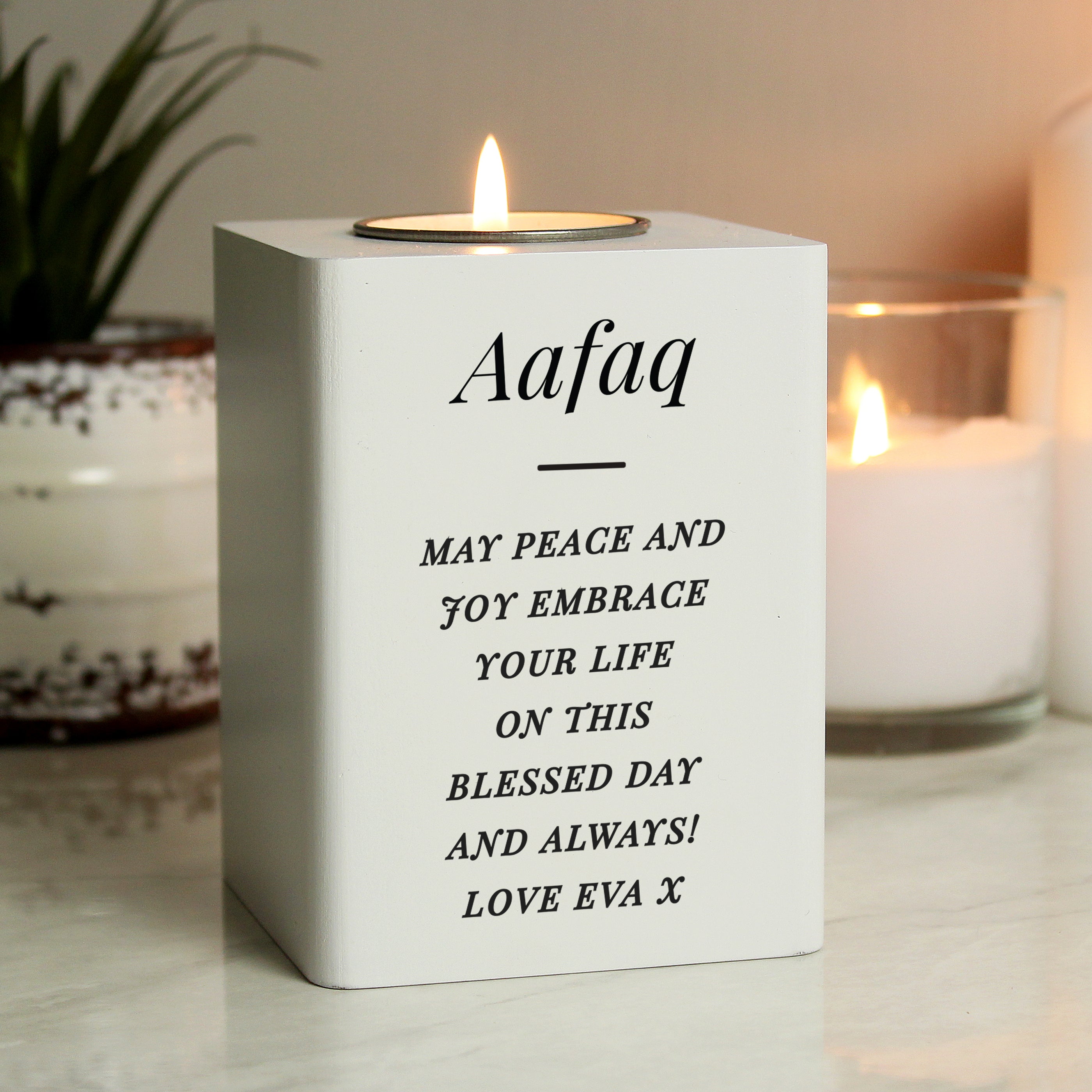 Personalised Free Text White Wooden Tea light Holder - gift & personalise