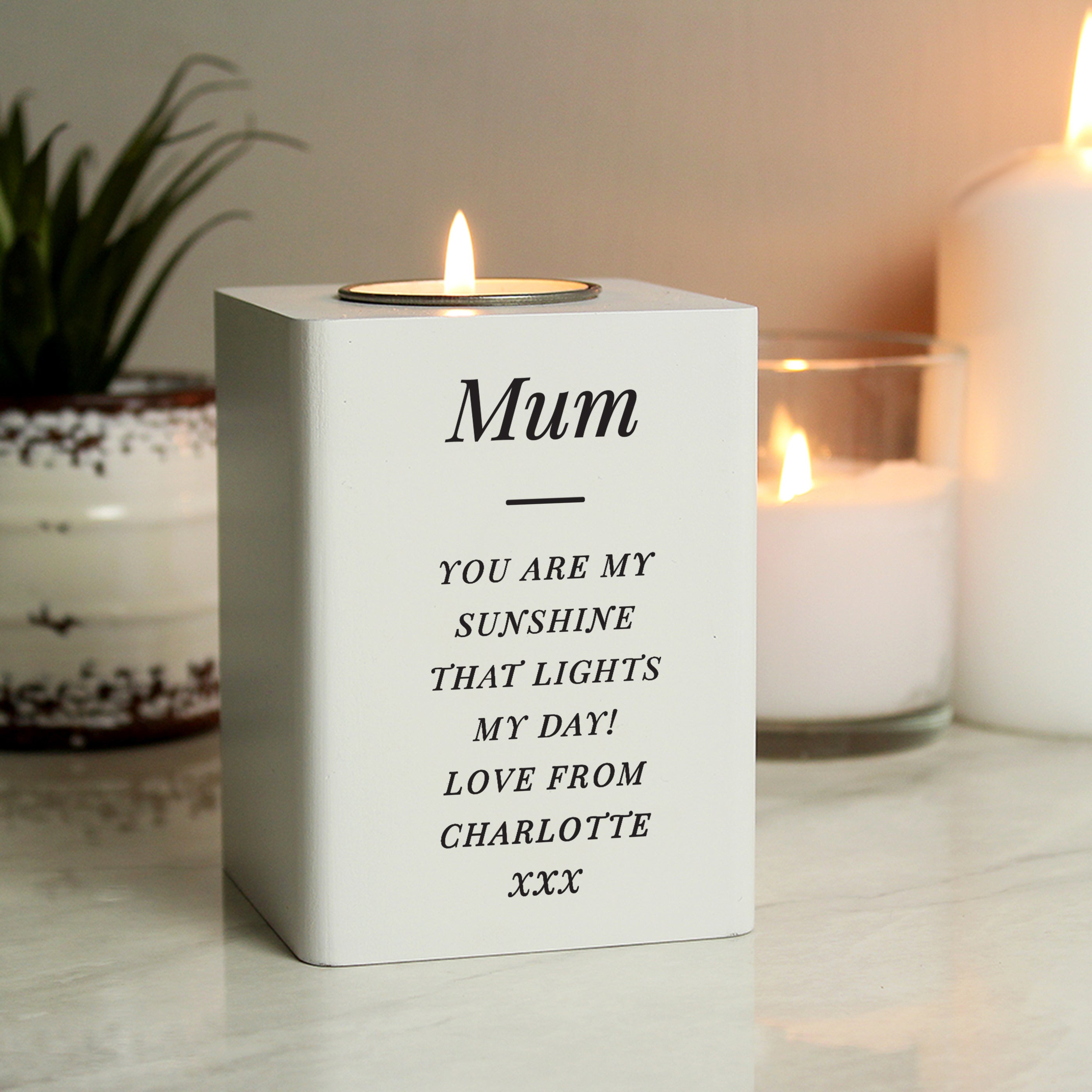 Personalised Free Text White Wooden Tea light Holder - gift & personalise