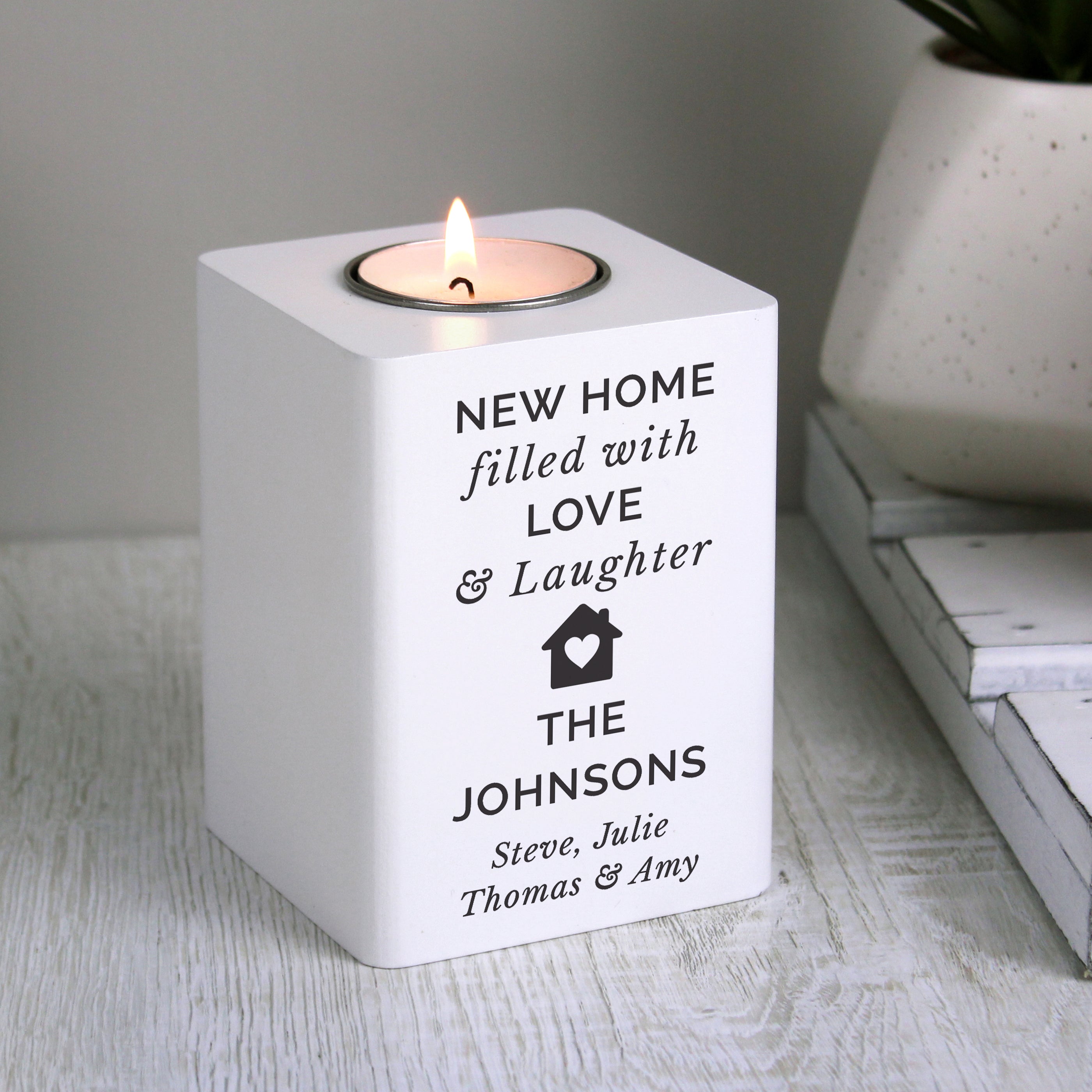 Personalised Home White Wooden Tea light Holder - gift & personalise