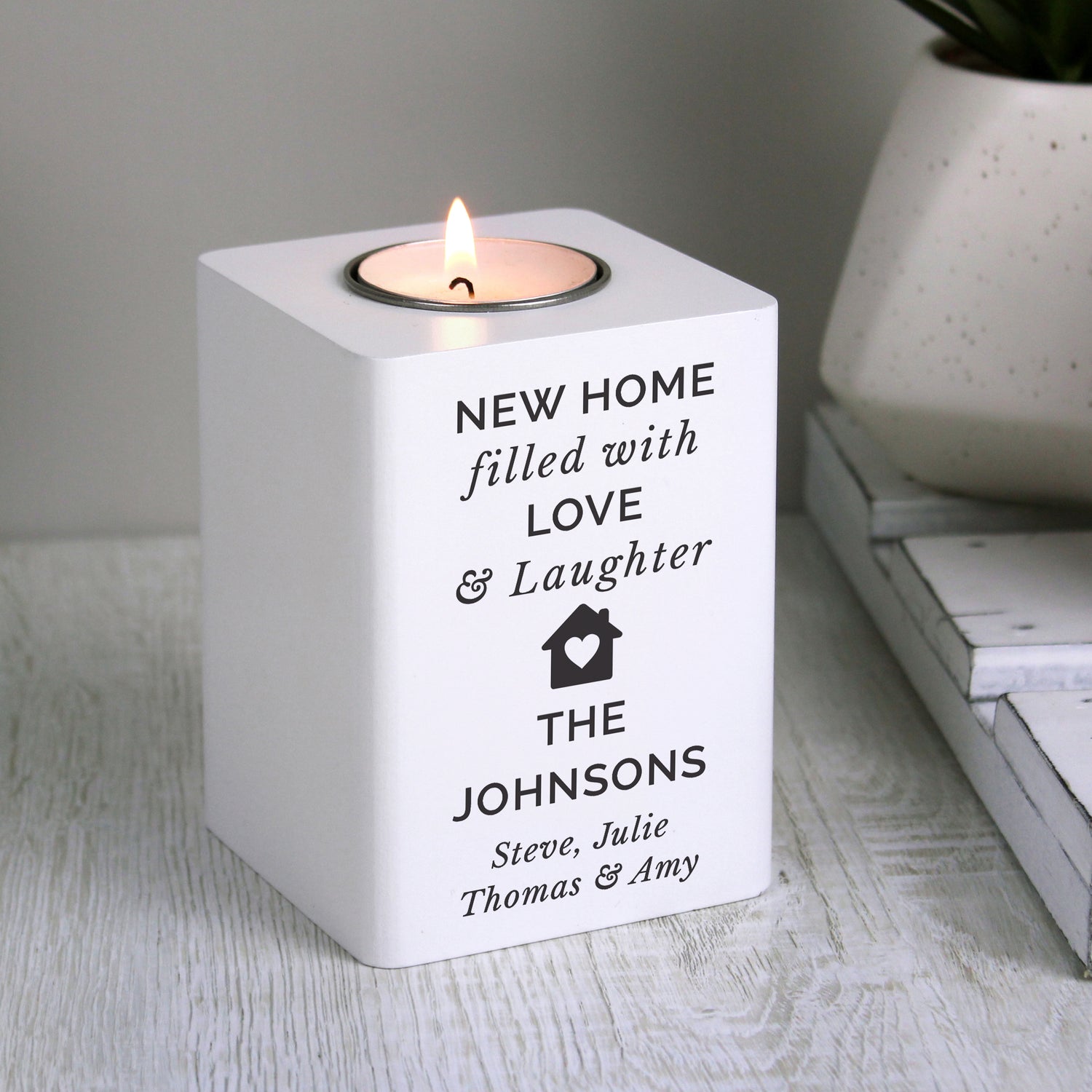 Personalised Home White Wooden Tea light Holder - gift & personalise