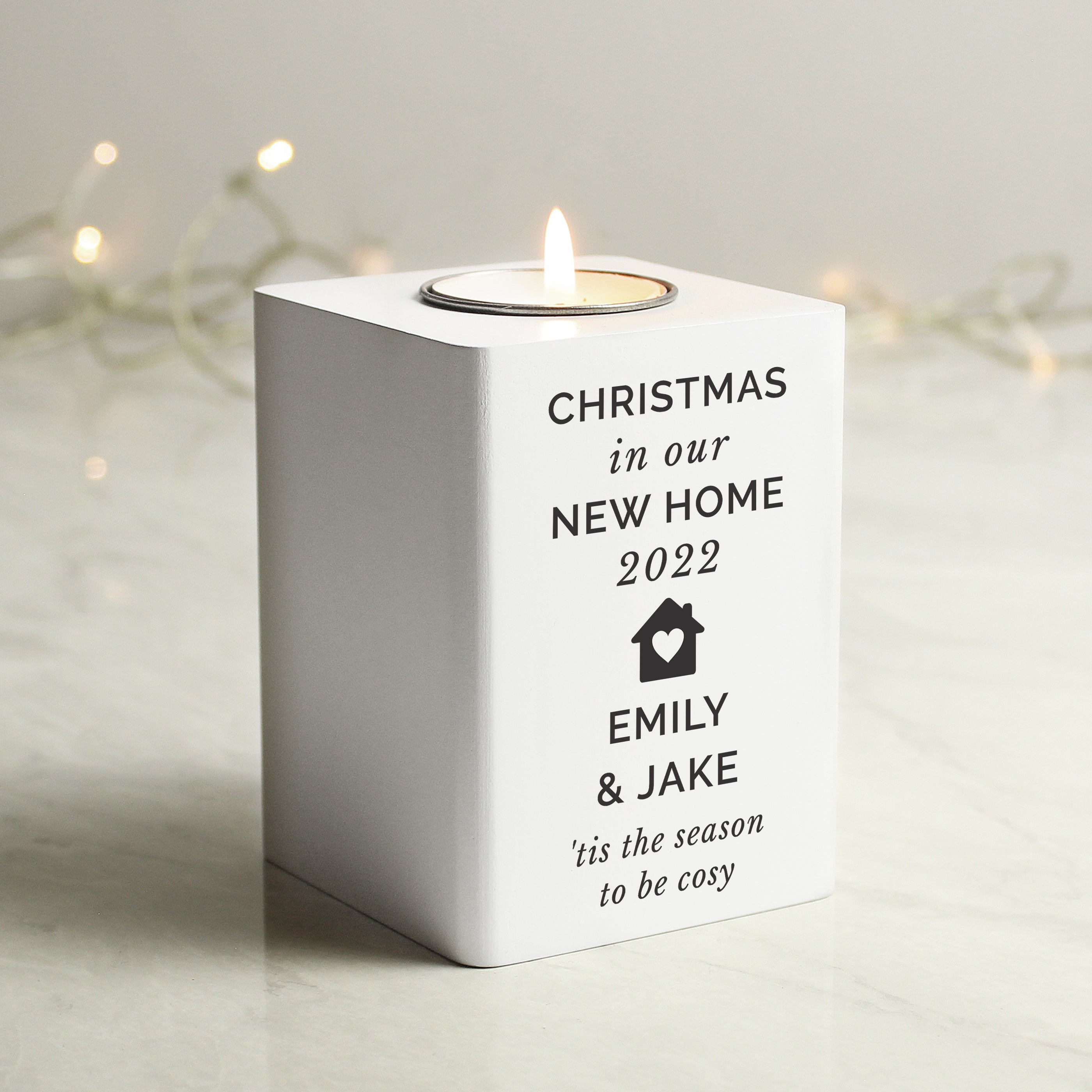 Personalised Home White Wooden Tea light Holder - gift & personalise