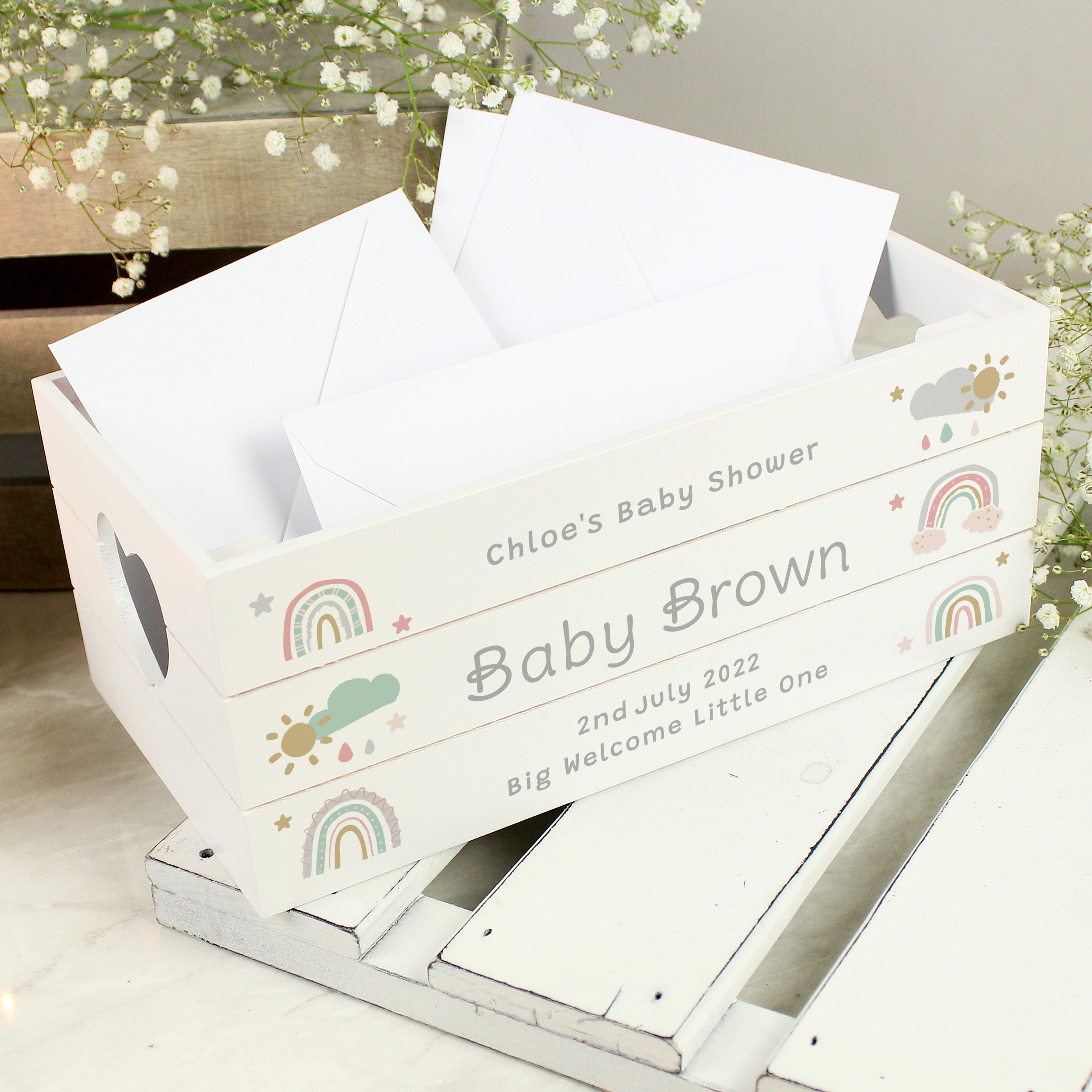 Personalised Rainbow White Wooden Crate - gift & personalise