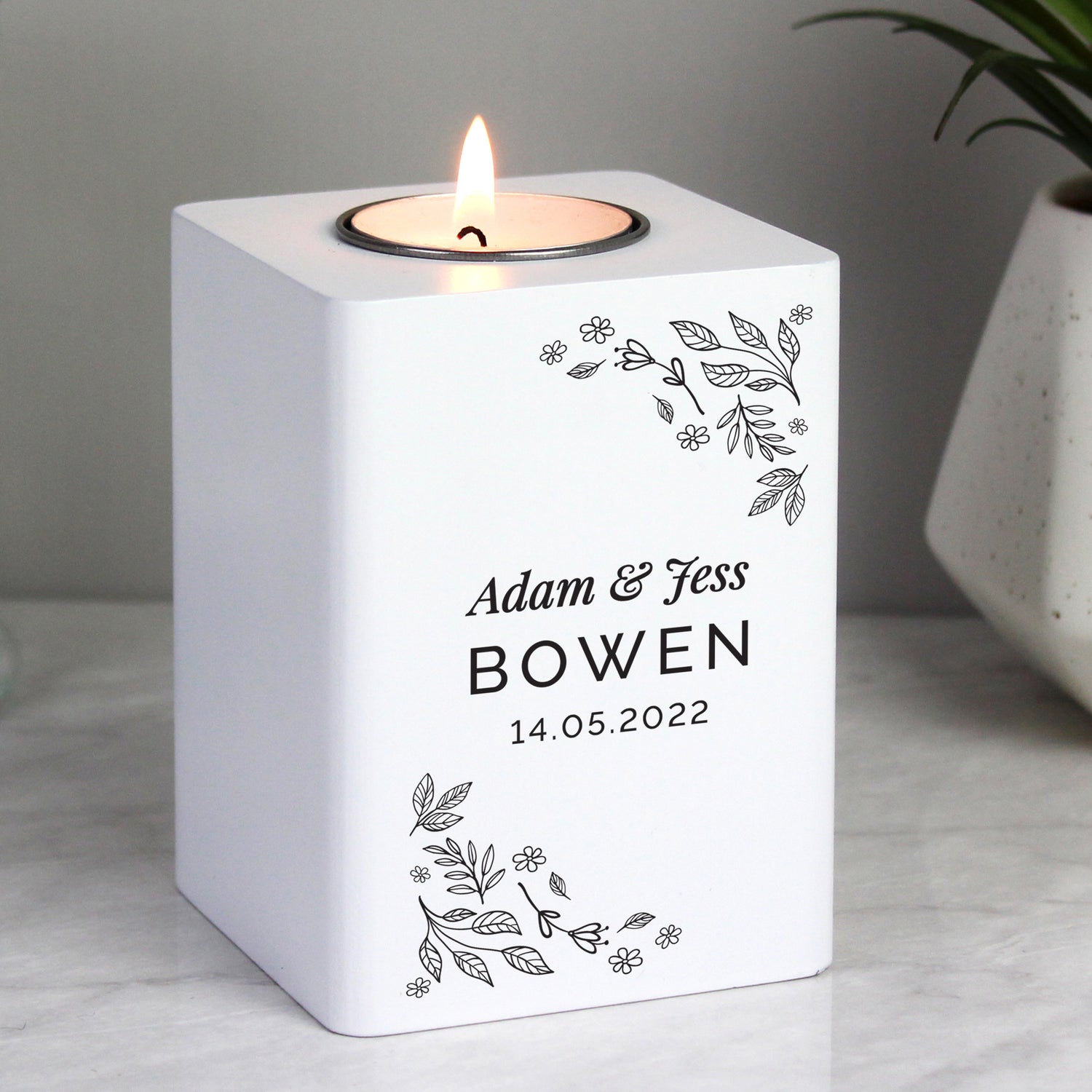 Personalised Floral Leaf White Wooden Tea Light Holder - gift & personalise