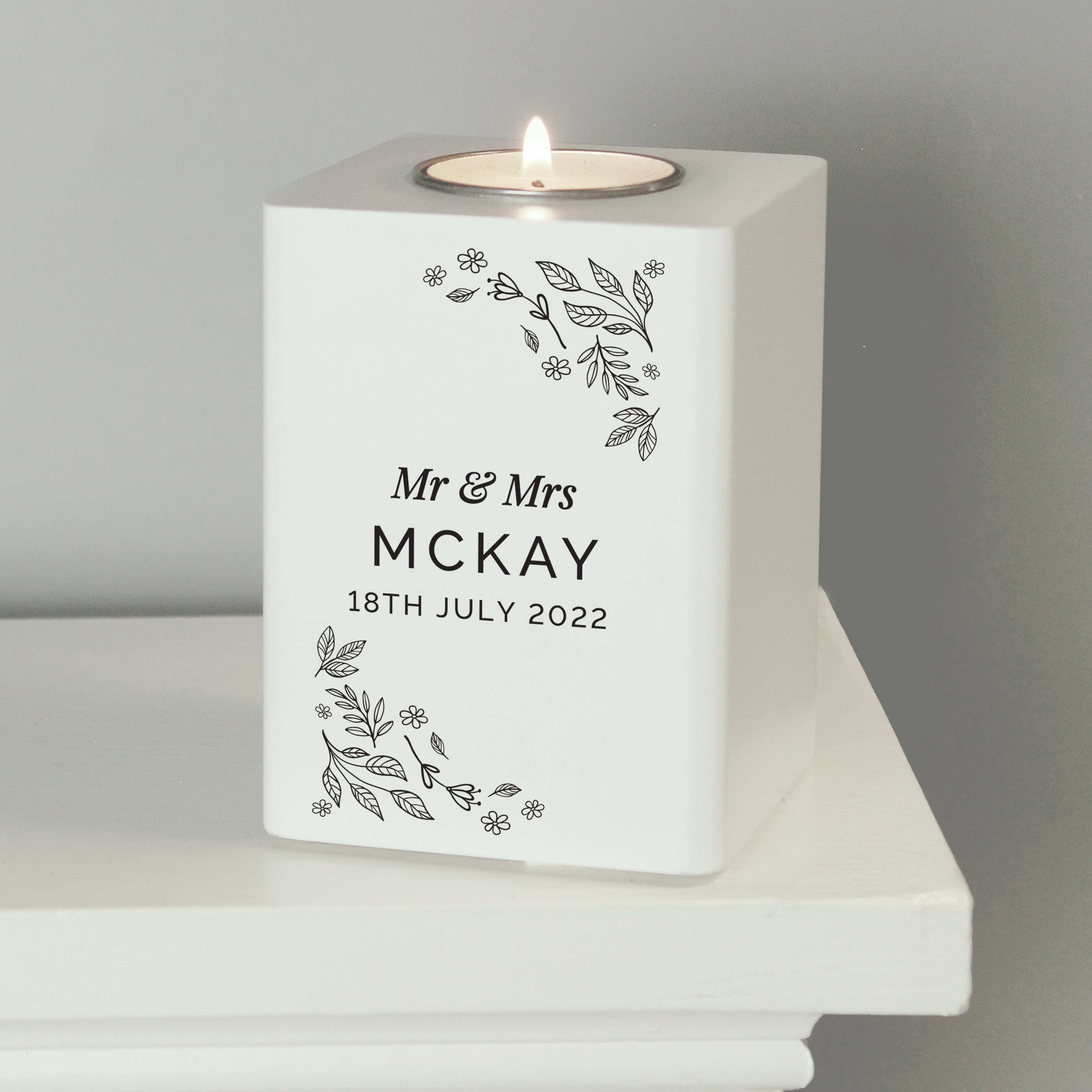 Personalised Floral Leaf White Wooden Tea Light Holder - gift & personalise