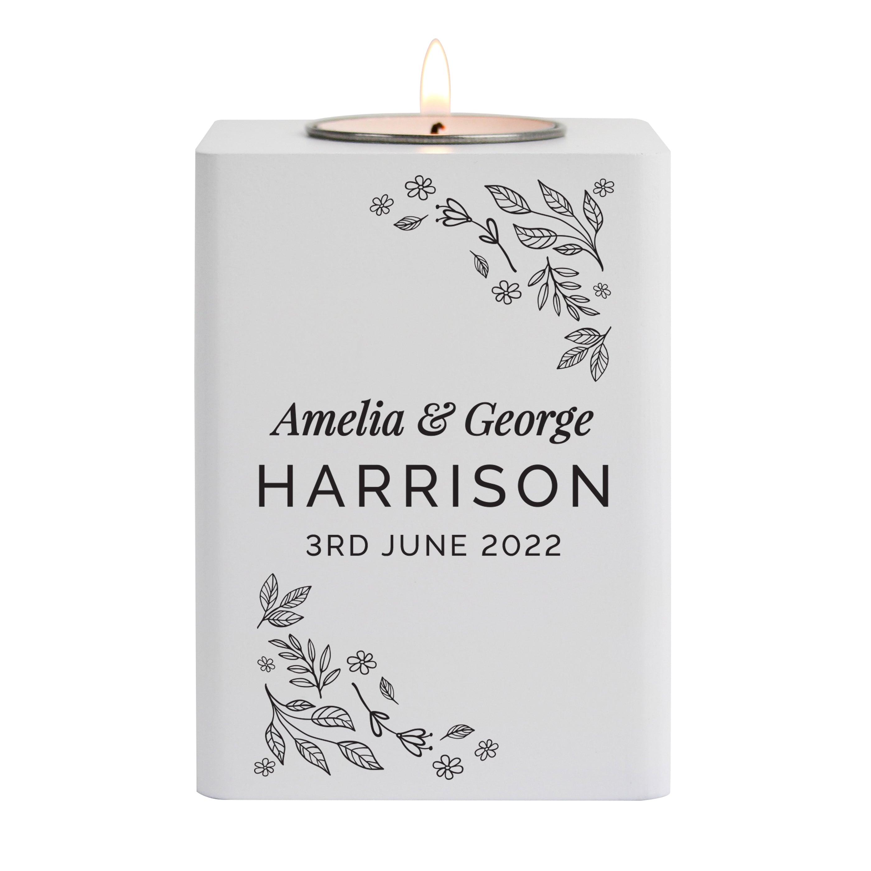 Personalised Floral Leaf White Wooden Tea Light Holder - gift & personalise