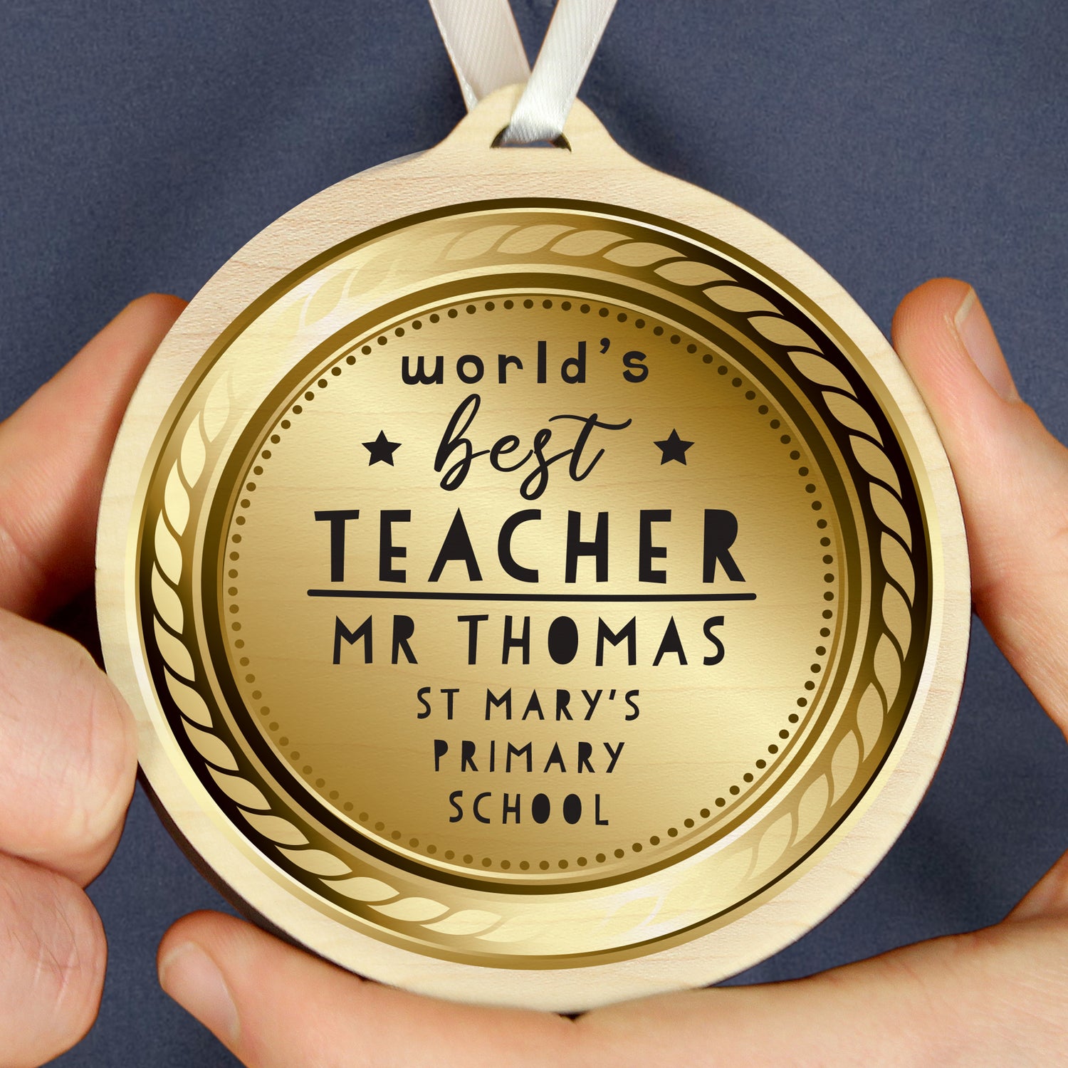 Personalised Worlds Best Teacher Round Wooden Medal - gift & personalise