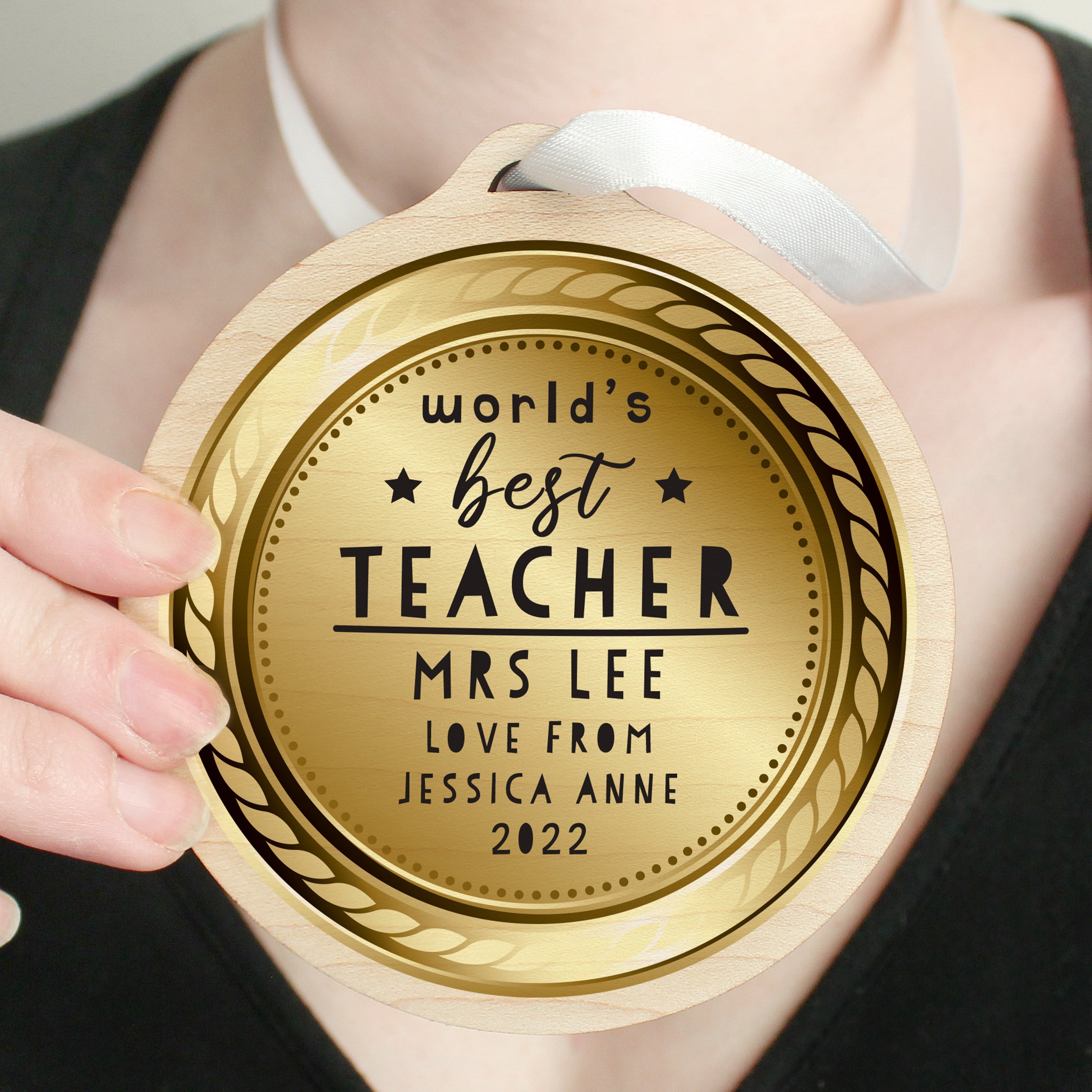 Personalised Worlds Best Teacher Round Wooden Medal - gift & personalise