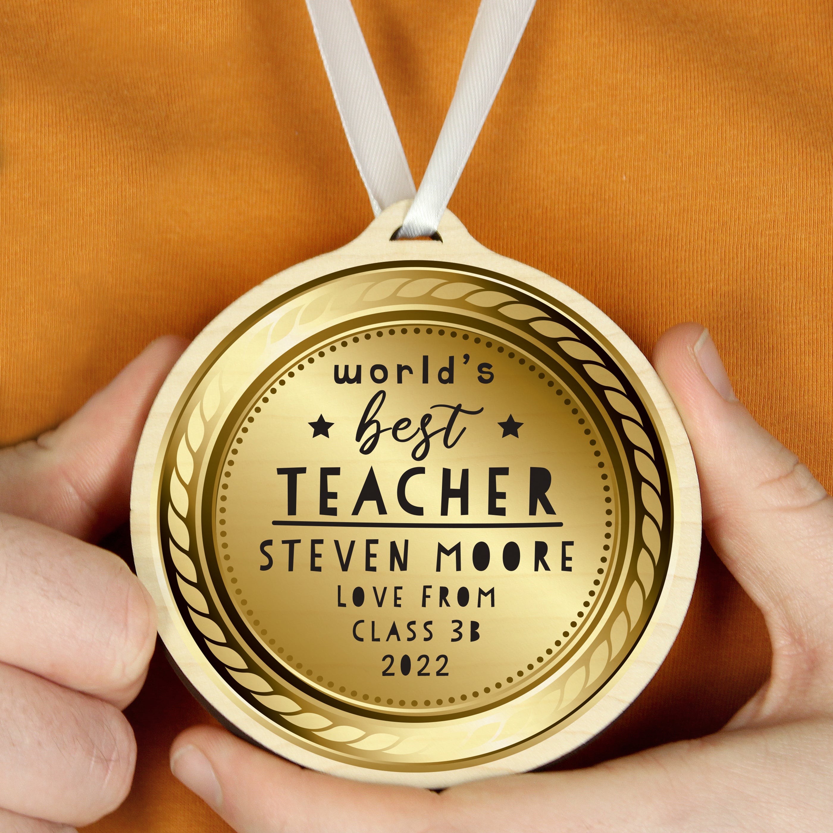 Personalised Worlds Best Teacher Round Wooden Medal - gift & personalise