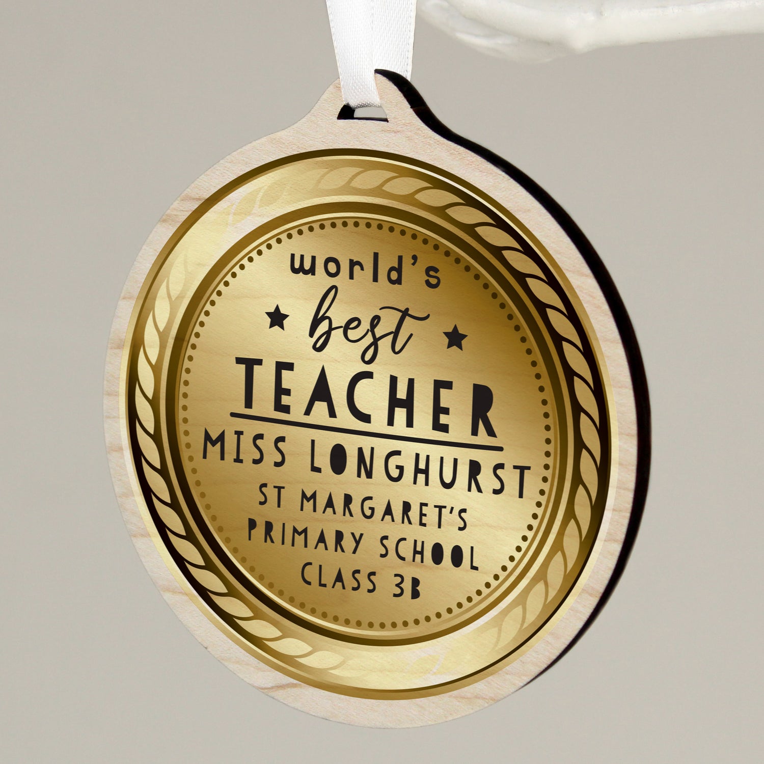 Personalised Worlds Best Teacher Round Wooden Medal - gift & personalise