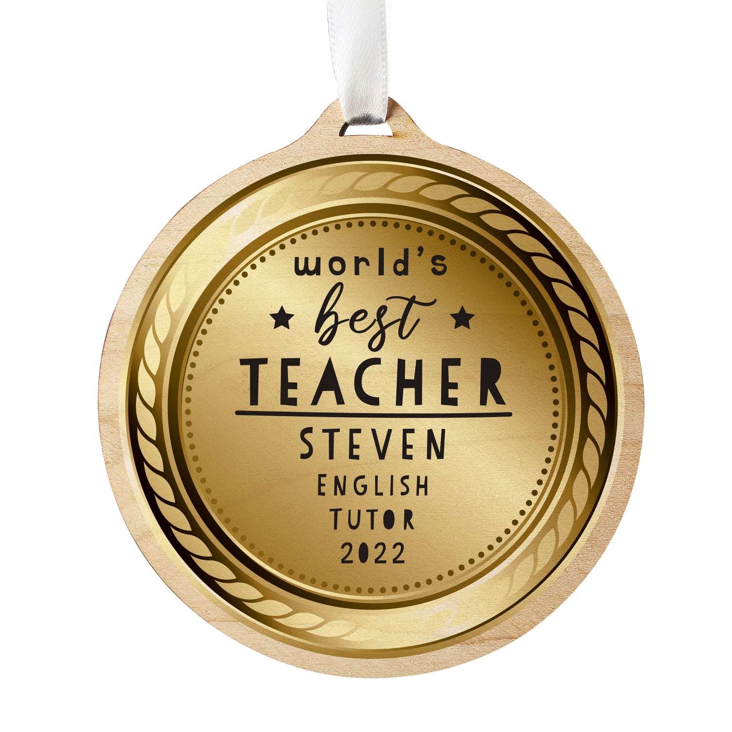 Personalised Worlds Best Teacher Round Wooden Medal - gift & personalise