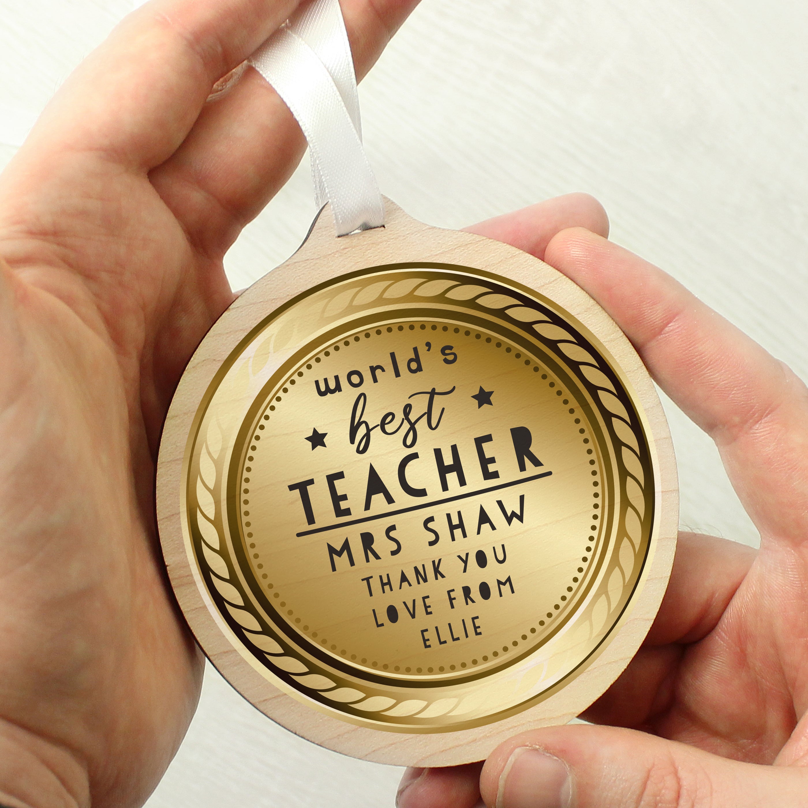 Personalised Worlds Best Teacher Round Wooden Medal - gift & personalise