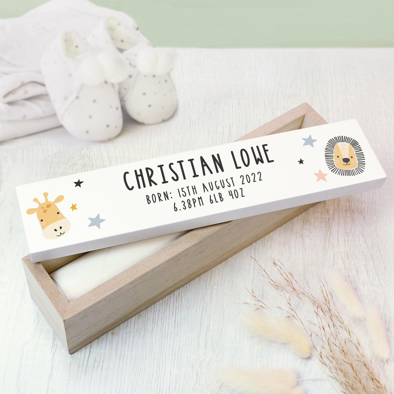 Personalised Scandi Safari Animals Wooden Birth Certificate Holder - gift & personalise