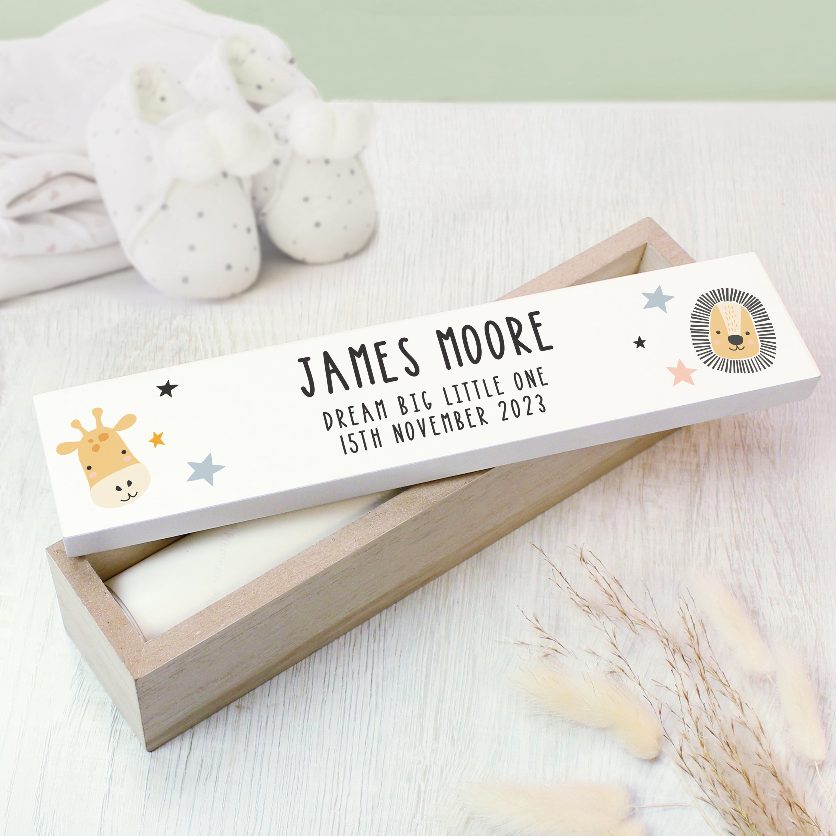 Personalised Scandi Safari Animals Wooden Birth Certificate Holder - gift & personalise