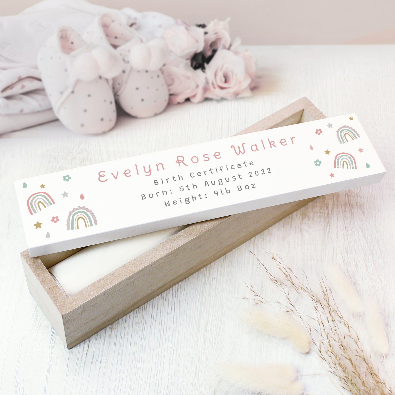 Personalised Rainbow Wooden Birth Certificate Holder - gift & personalise