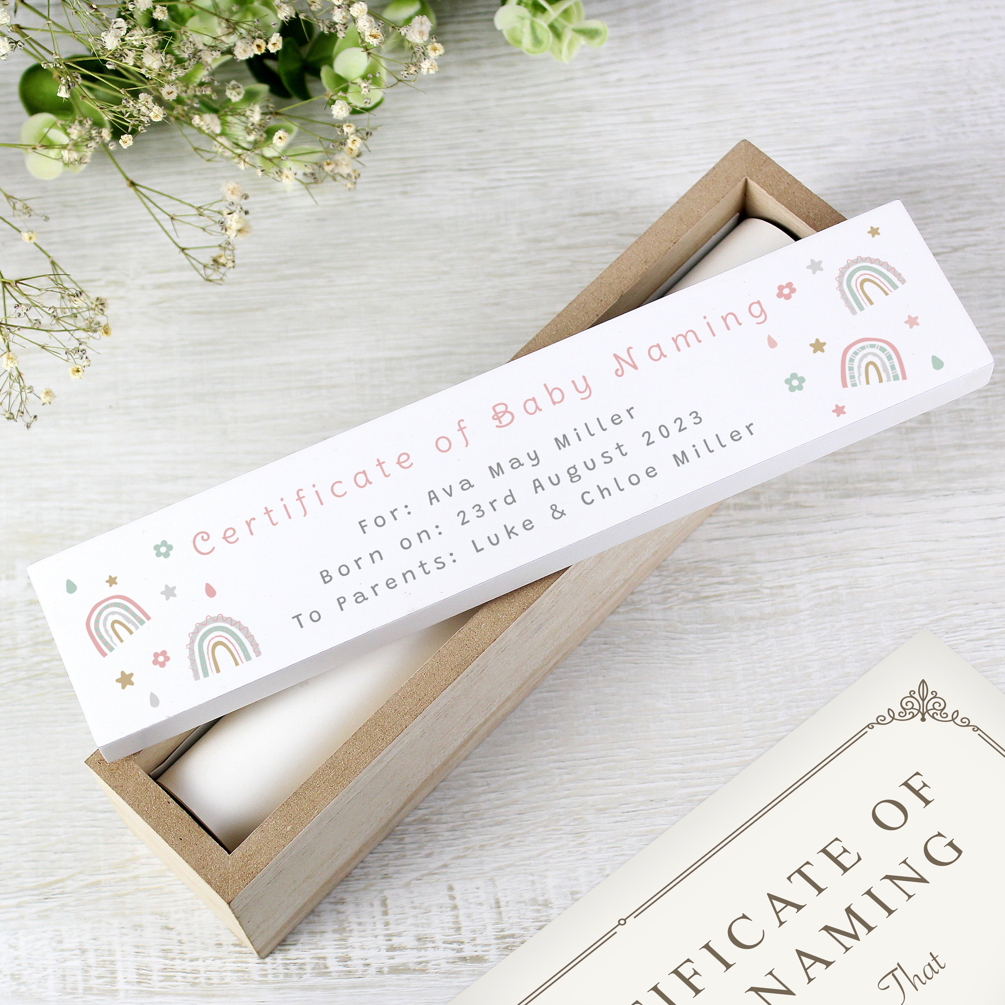 Personalised Rainbow Wooden Birth Certificate Holder - gift & personalise