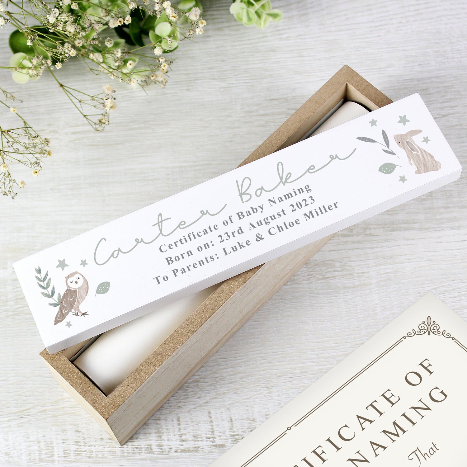 Personalised Woodland Animals Wooden Birth Certificate Holder - gift & personalise