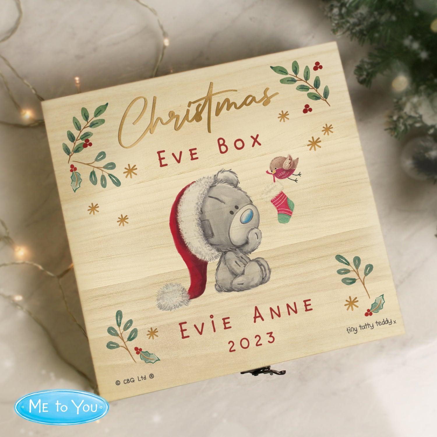 Personalised Winter Christmas Eve Tiny Tatty Teddy Large Wooden Keepsake Box - gift & personalise