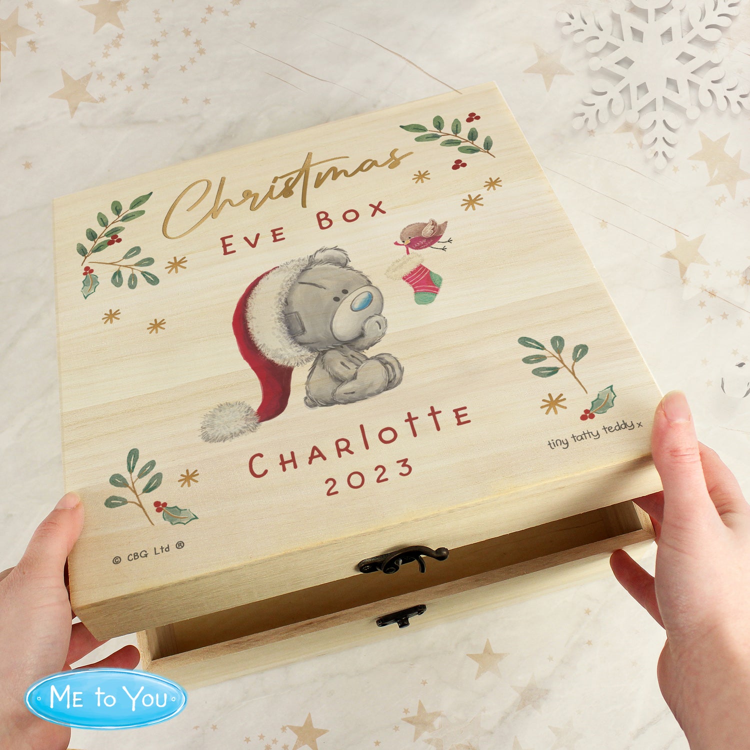 Personalised Winter Christmas Eve Tiny Tatty Teddy Large Wooden Keepsake Box - gift & personalise