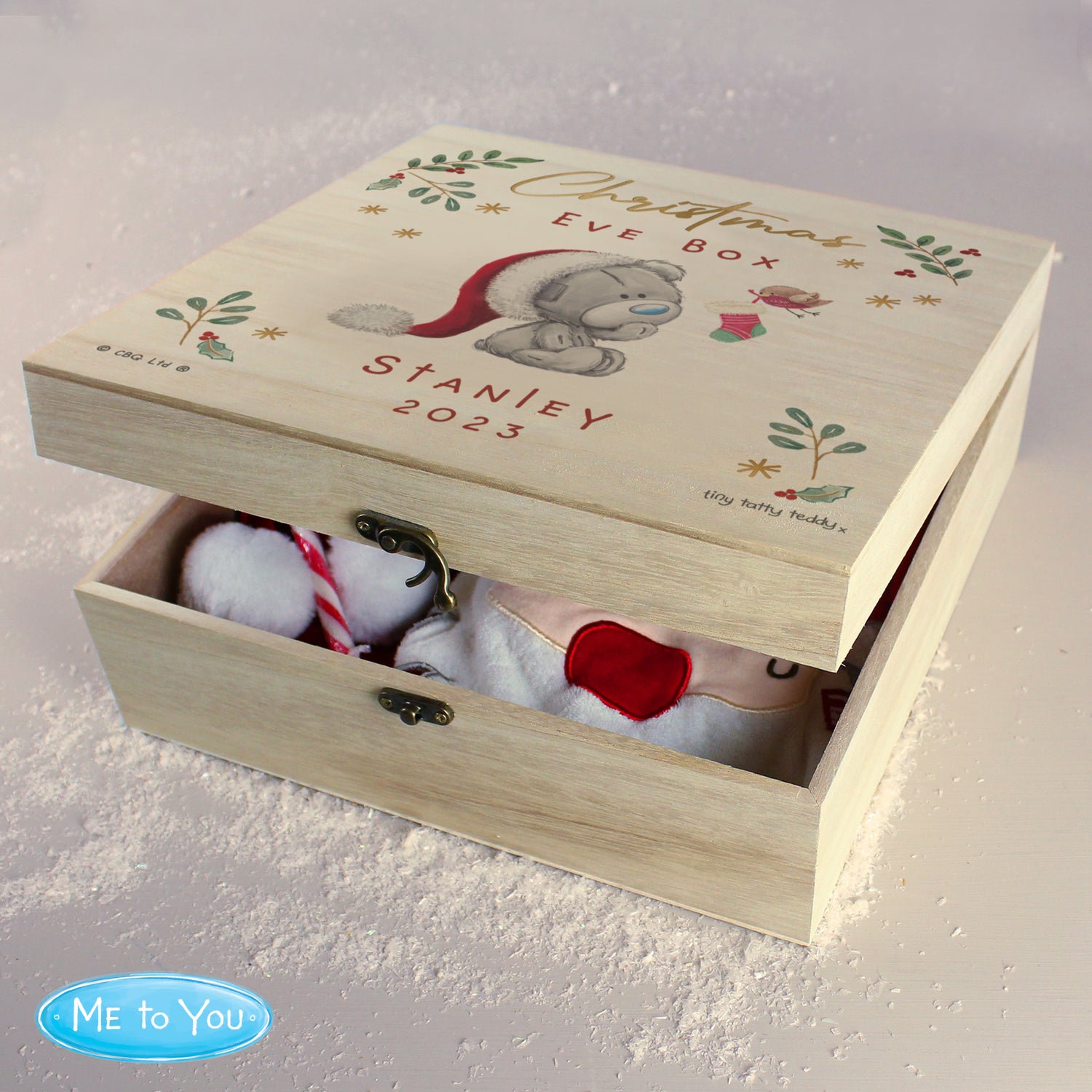 Personalised Winter Christmas Eve Tiny Tatty Teddy Large Wooden Keepsake Box - gift & personalise