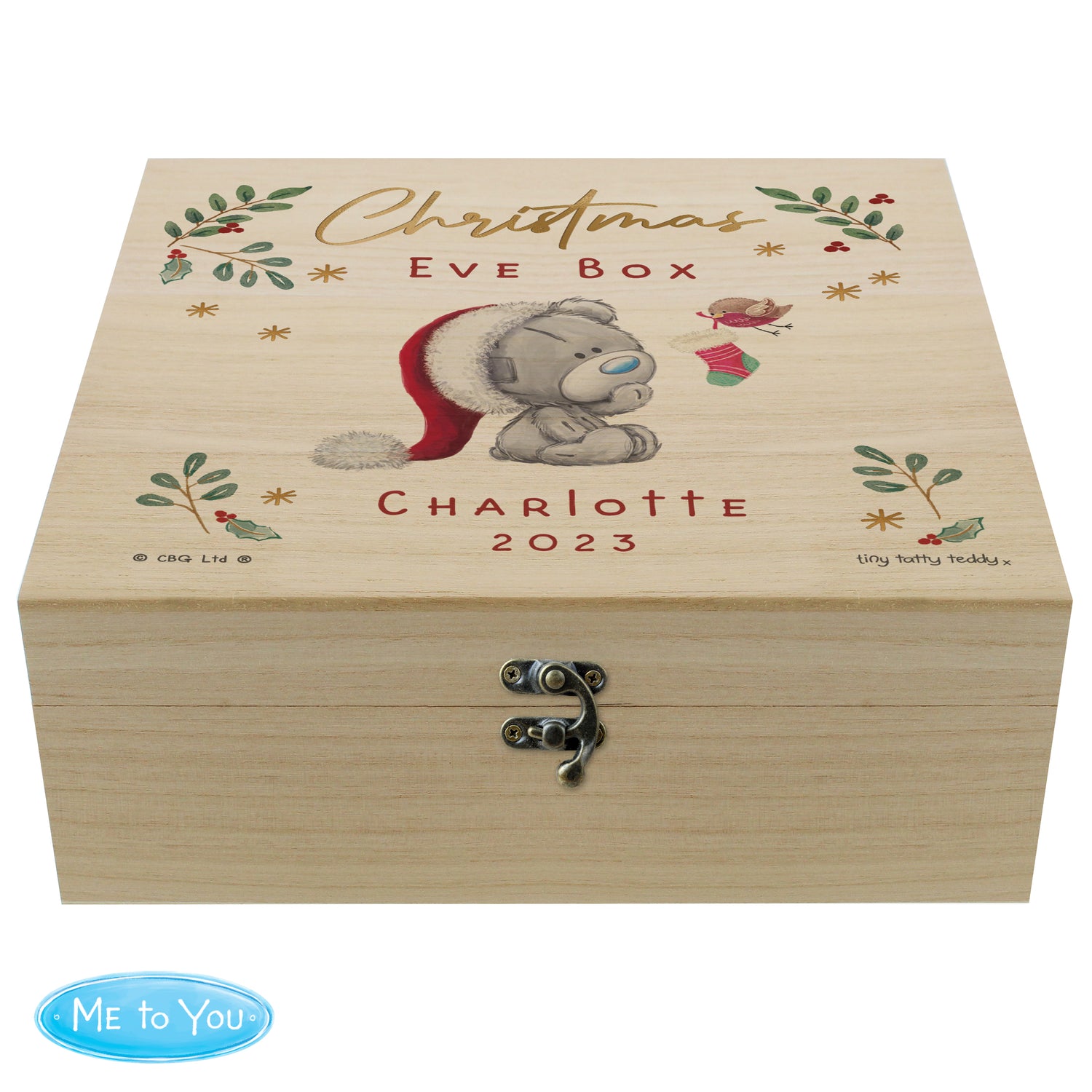 Personalised Winter Christmas Eve Tiny Tatty Teddy Large Wooden Keepsake Box - gift & personalise