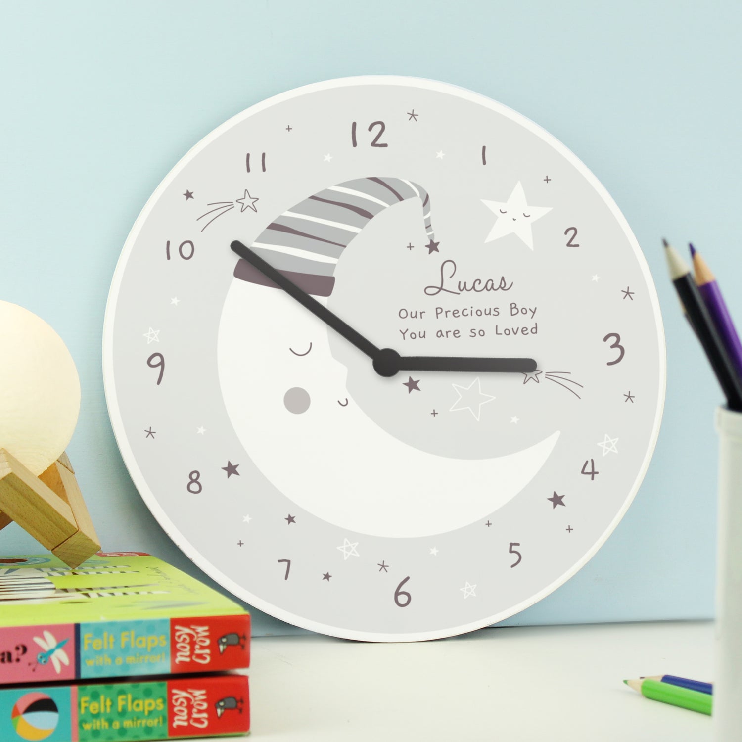 Personalised Moon Wooden Nursery Clock - gift & personalise