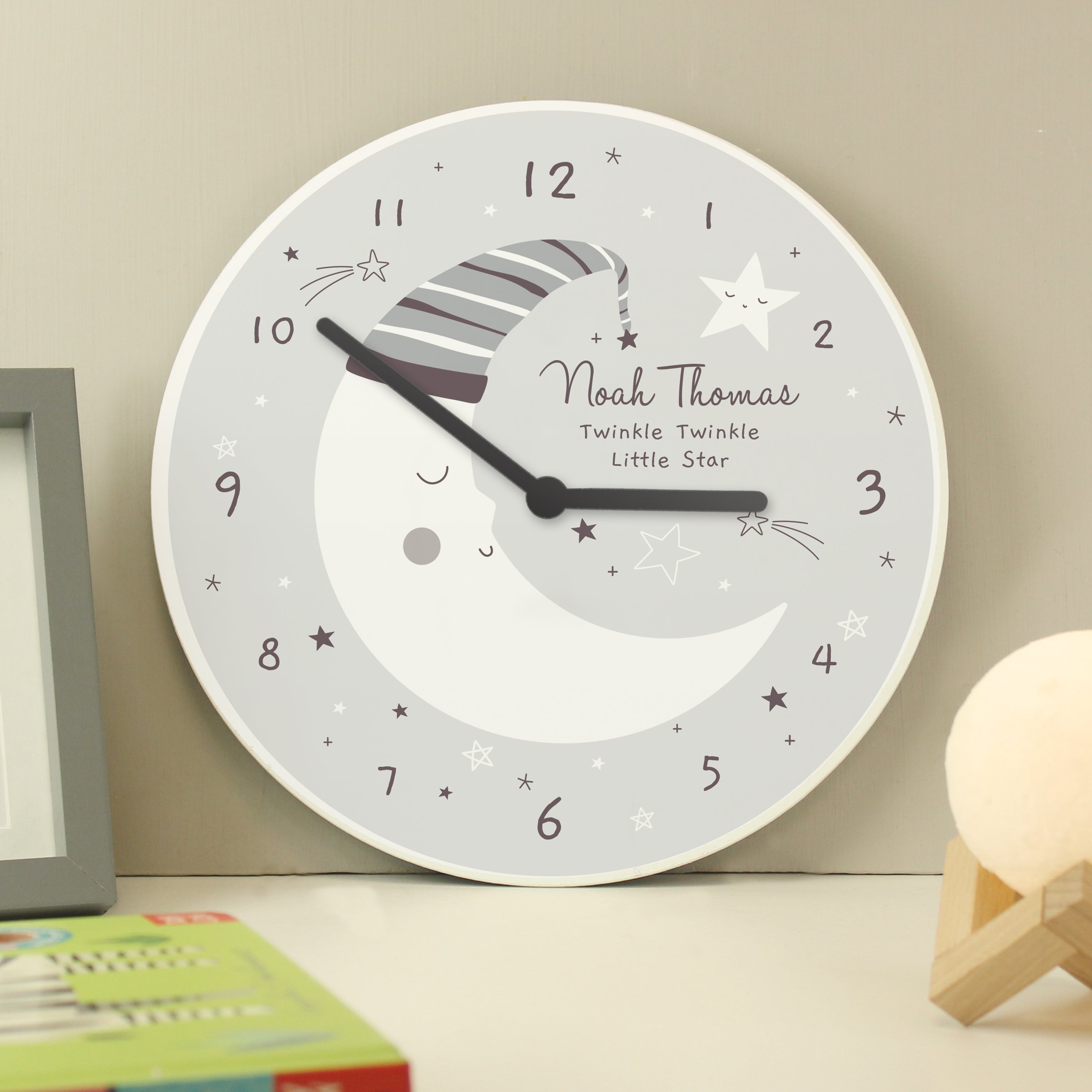 Personalised Moon Wooden Nursery Clock - gift & personalise