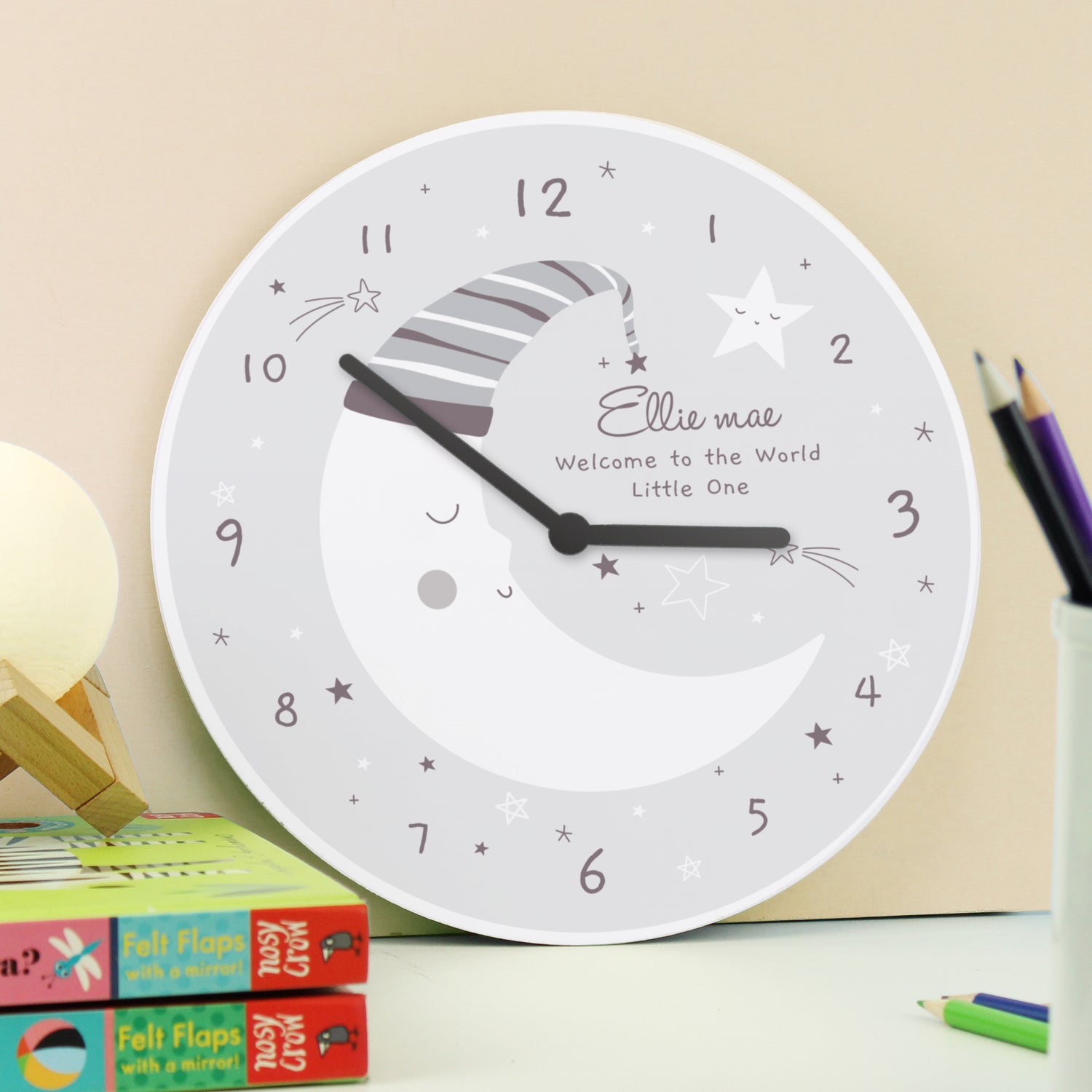 Personalised Moon Wooden Nursery Clock - gift & personalise