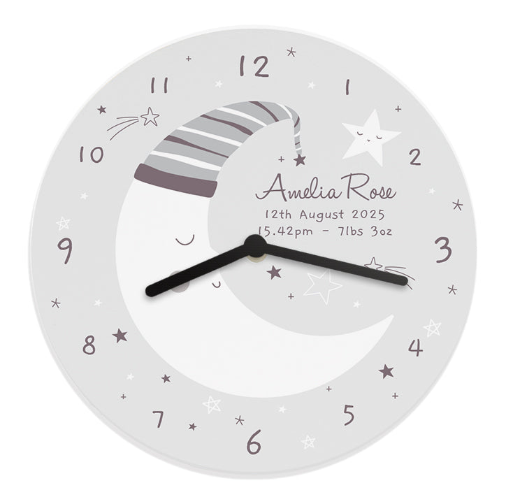 Personalised Moon Wooden Nursery Clock - gift & personalise