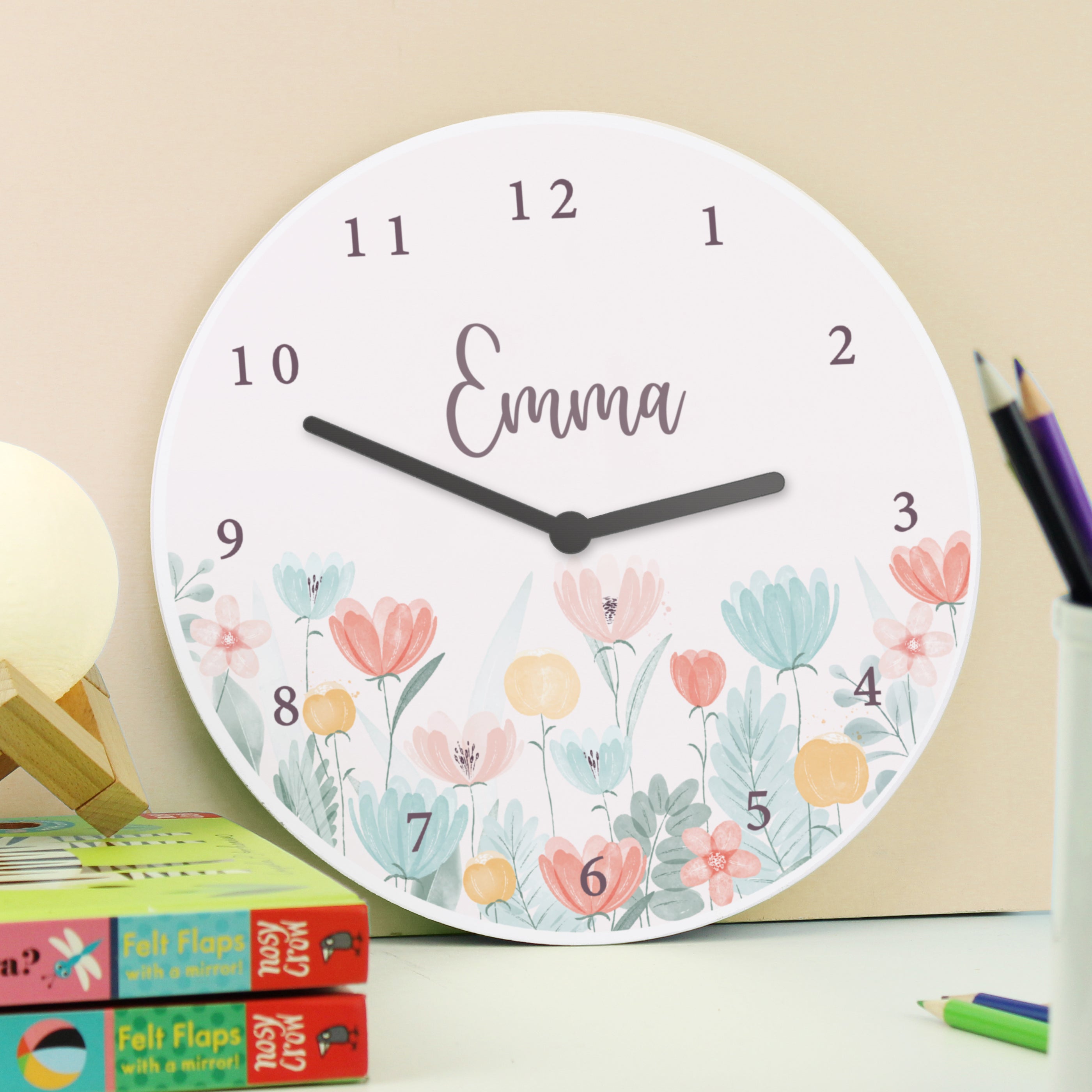 Personalised Floral Wooden Childrens Clock - gift & personalise