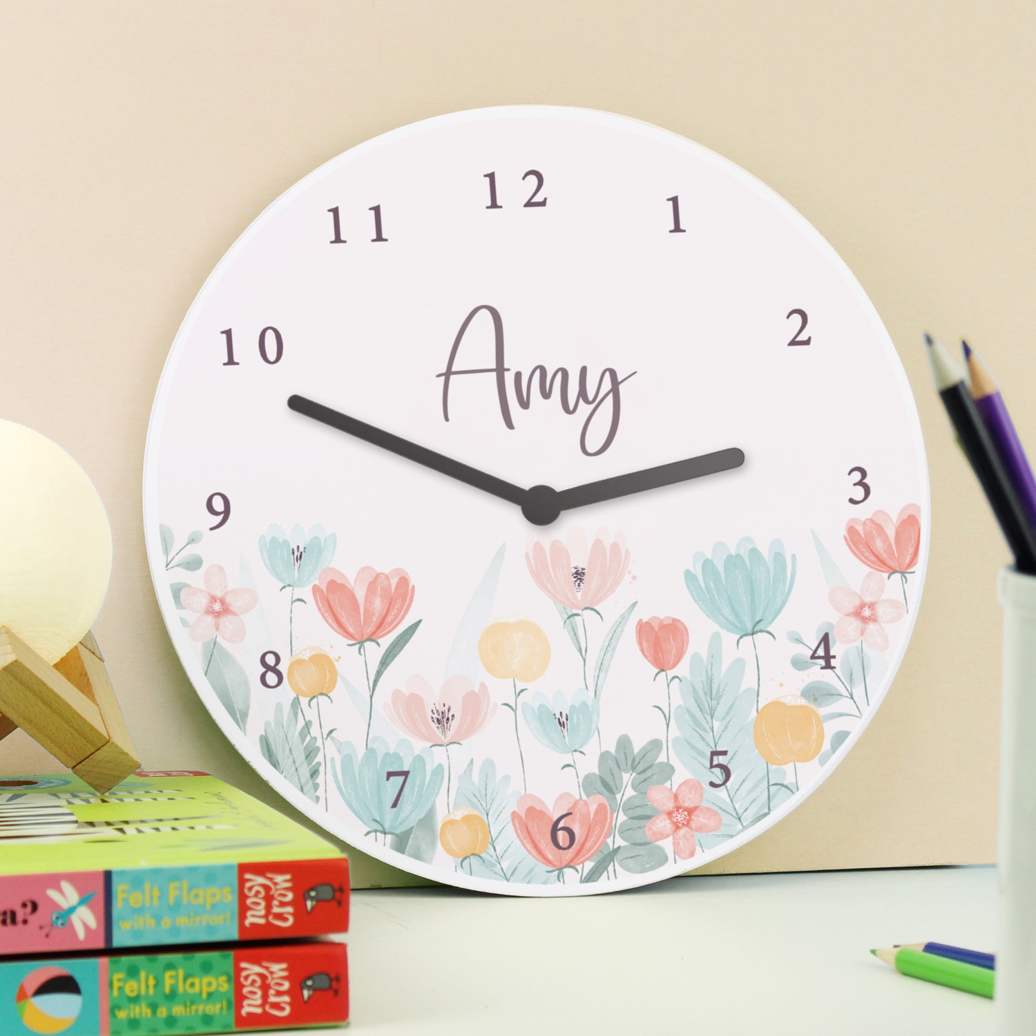 Personalised Floral Wooden Childrens Clock - gift & personalise