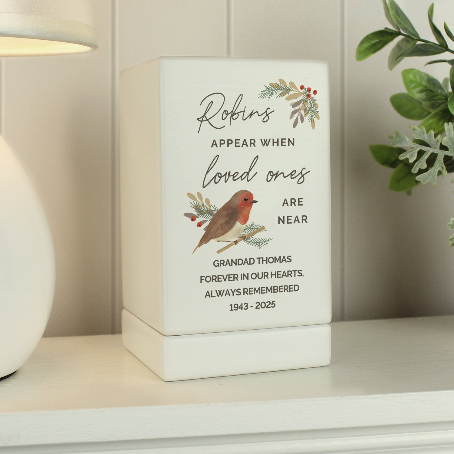 Personalised Robins Appear Small Wooden Urn - gift & personalise