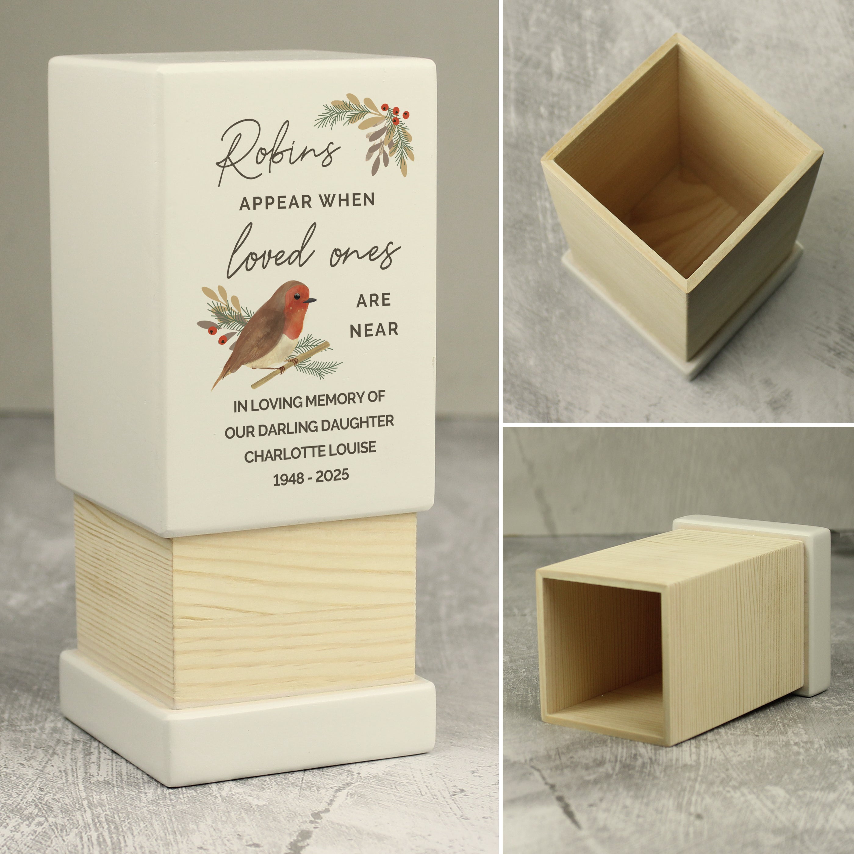 Personalised Robins Appear Small Wooden Urn - gift & personalise