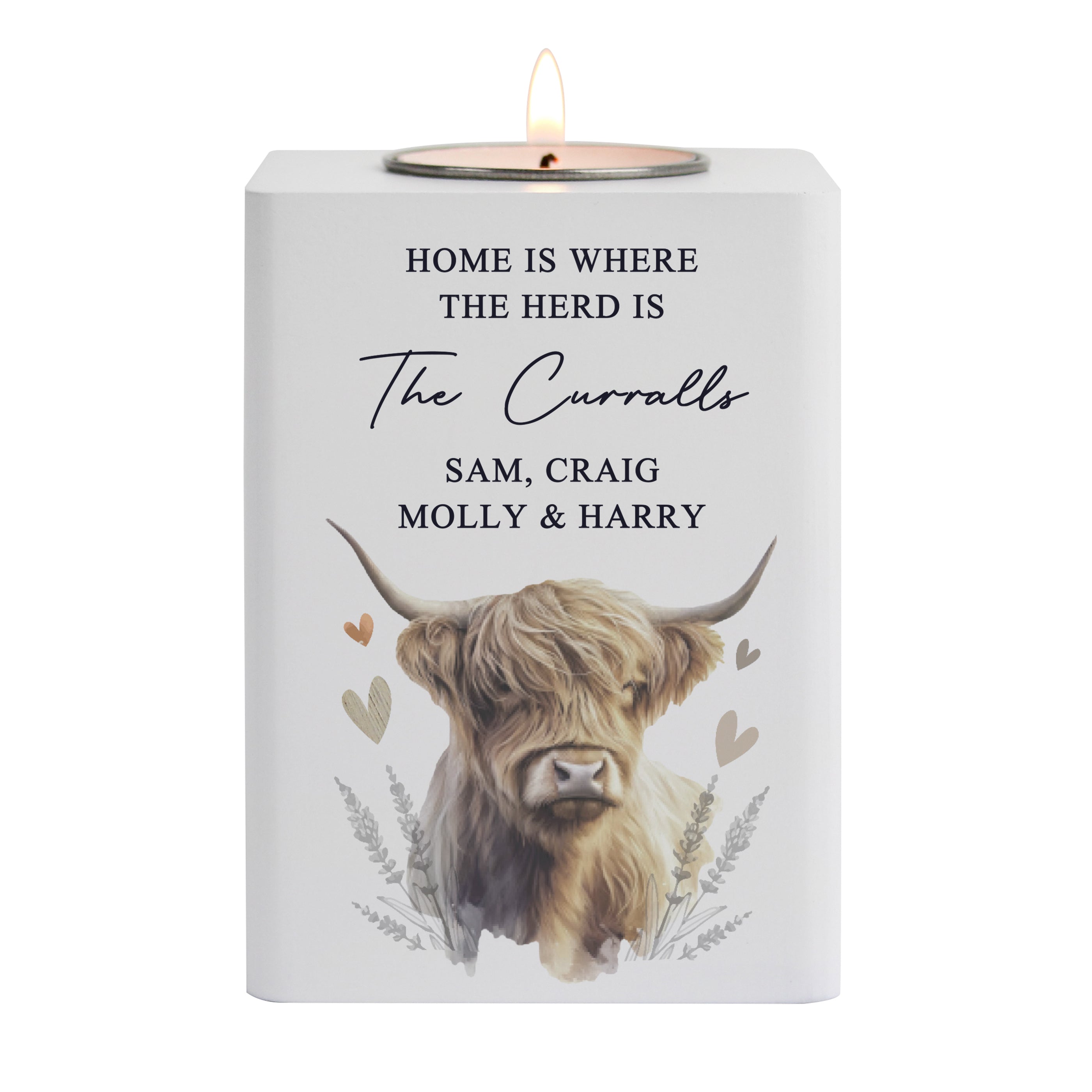 Personalised Highland Cow Wooden Tealight Holder