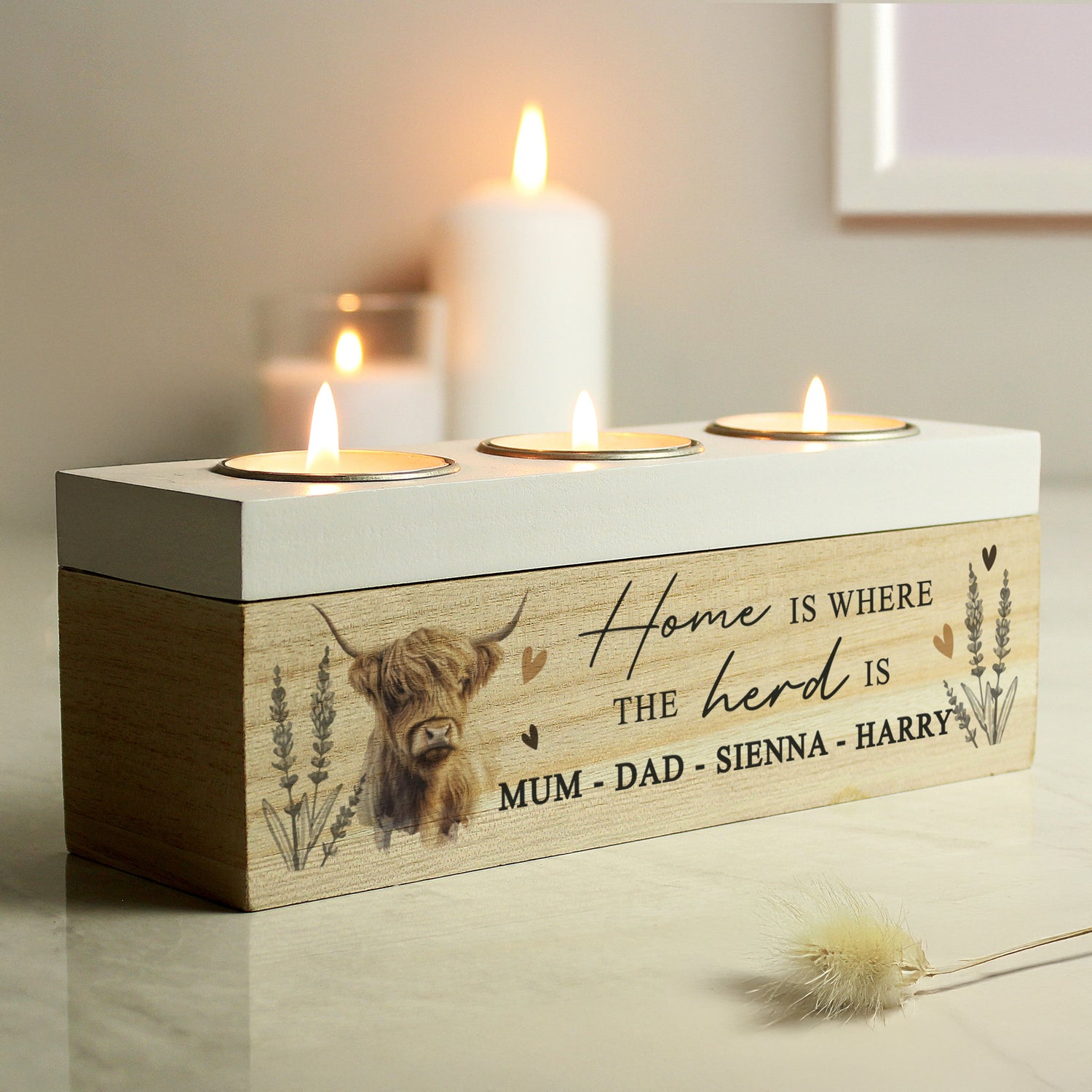 Personalised Highland Cow Triple Tea Light Box