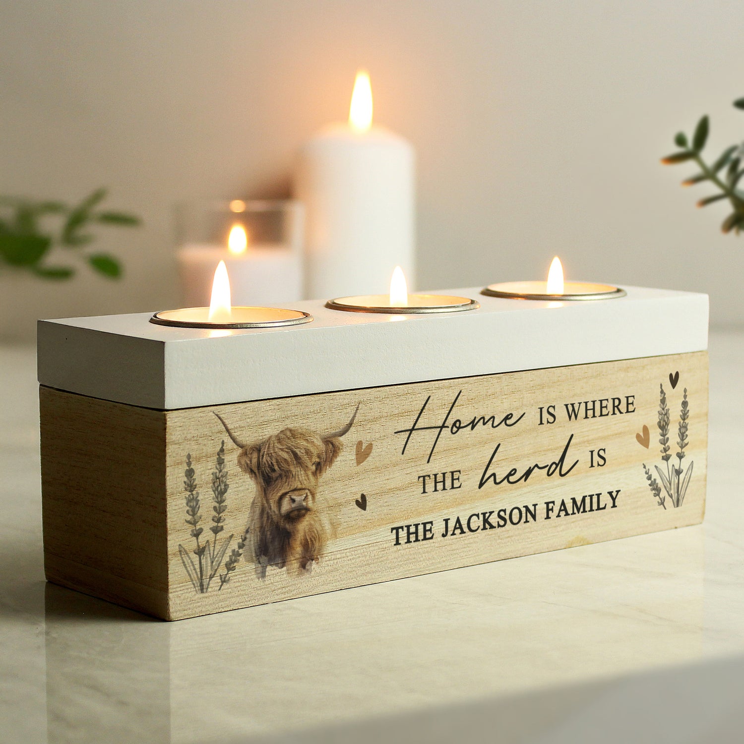 Personalised Highland Cow Triple Tea Light Box