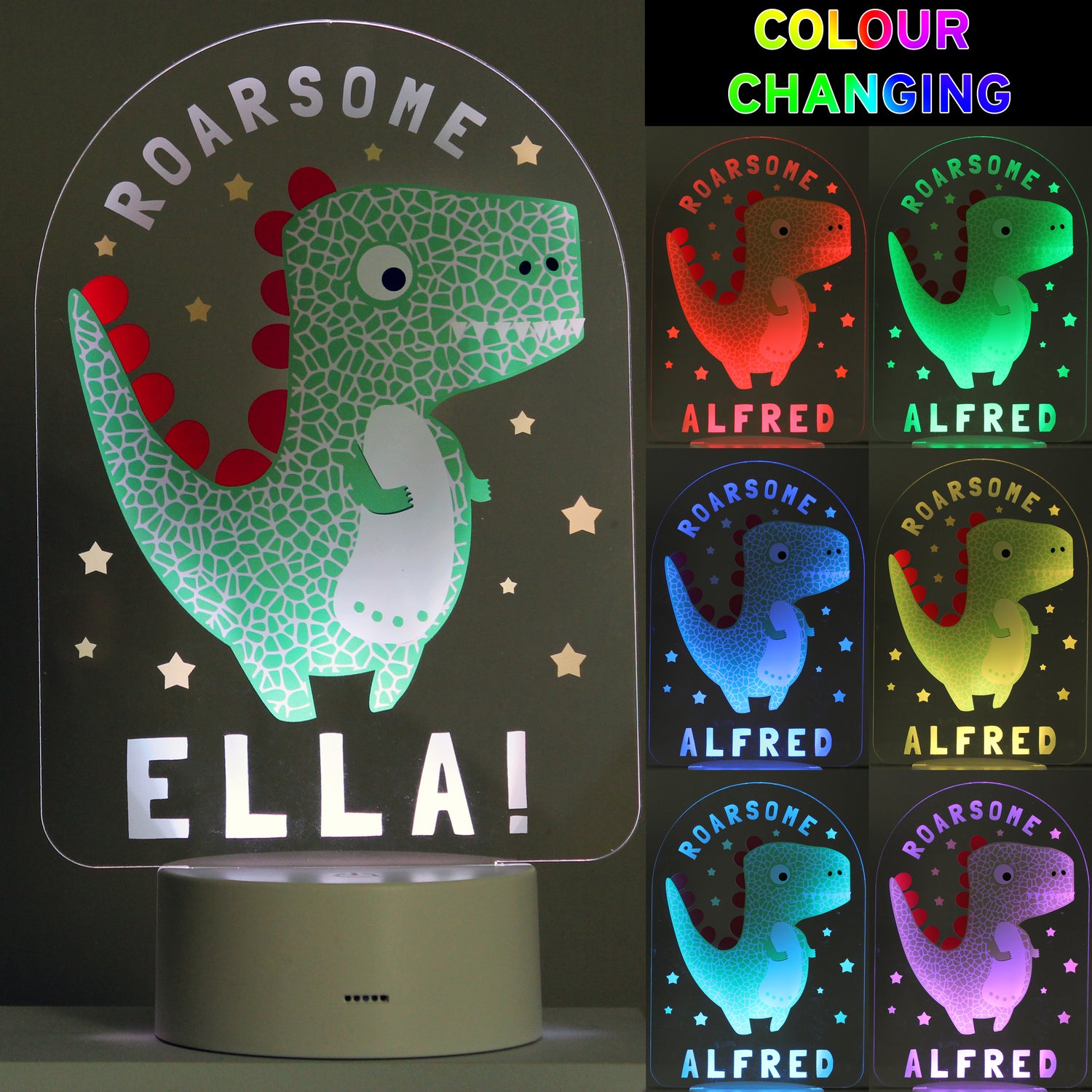 Personalised Roarsome Dinosaur LED Colour Changing Night Light - gift & personalise