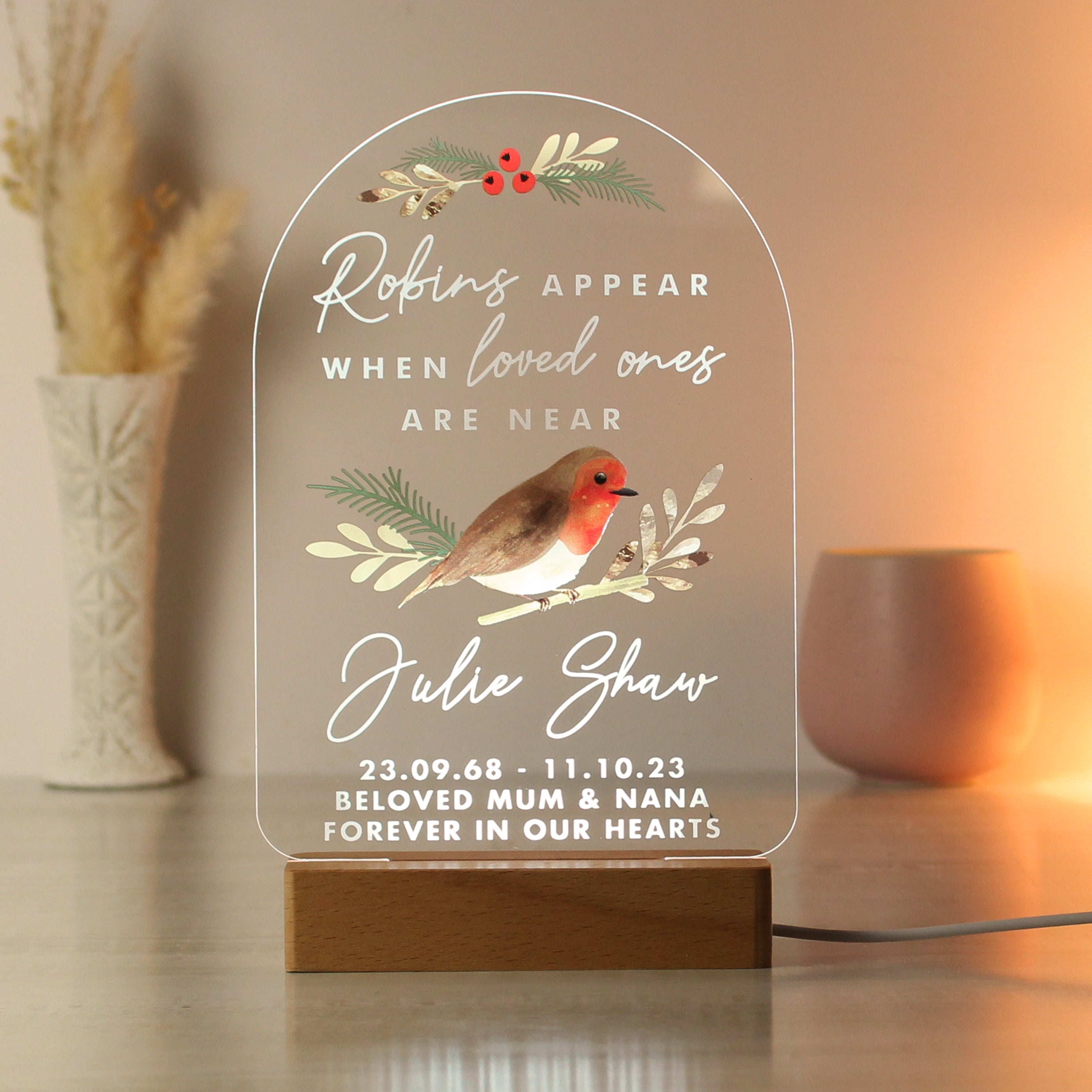 Personalised Robins Appear Wooden Based LED Light - gift & personalise