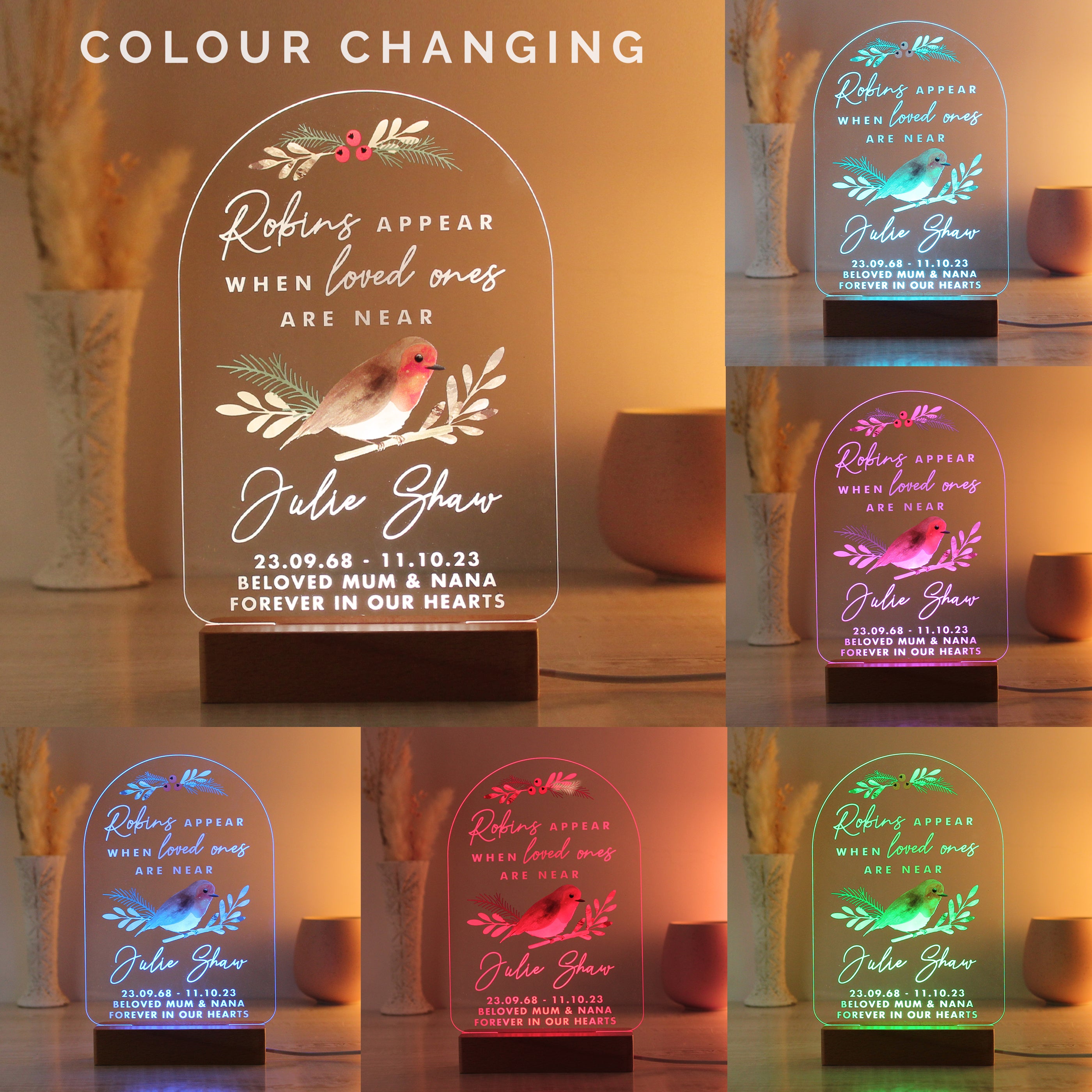 Personalised Robins Appear Wooden Based LED Light - gift & personalise