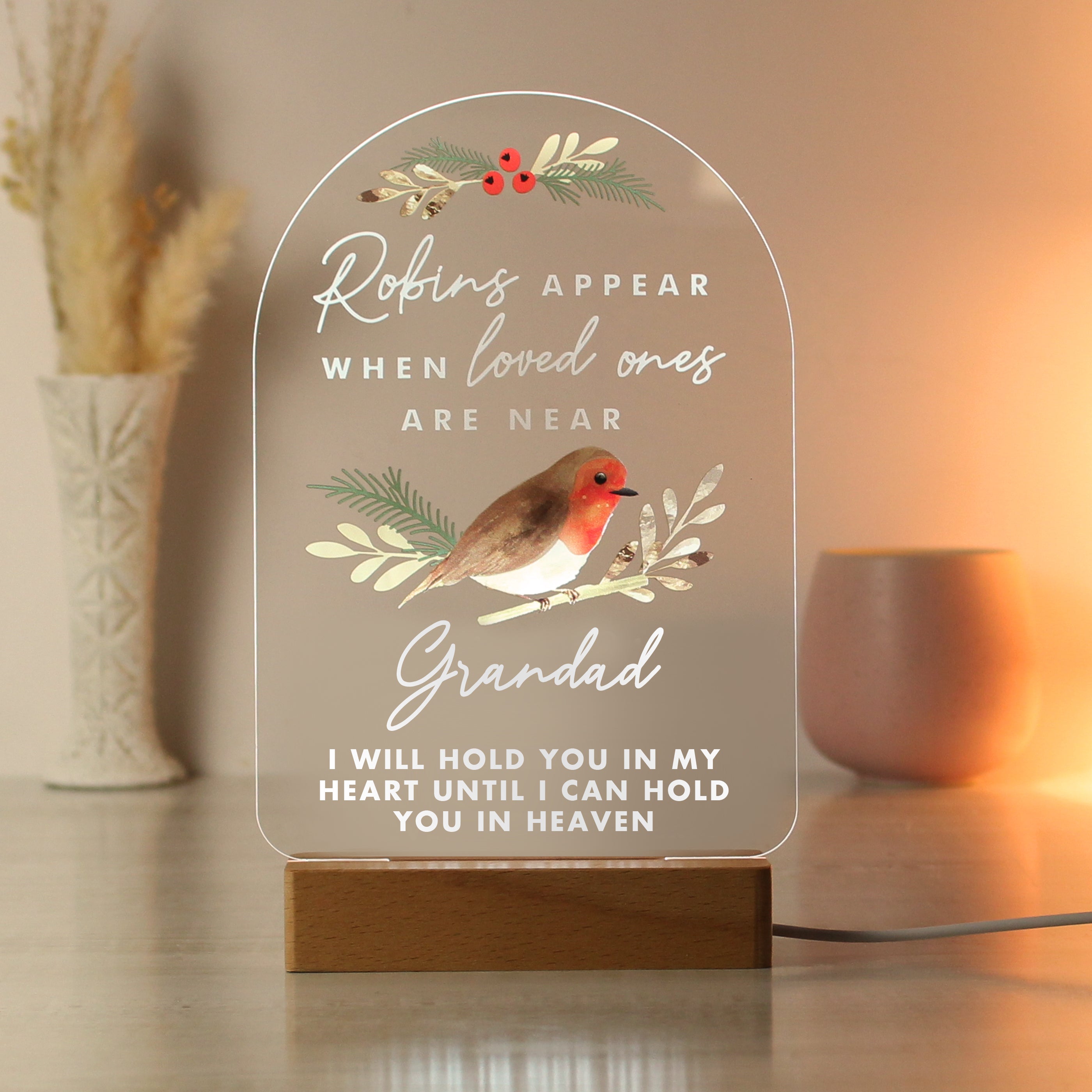 Personalised Robins Appear Wooden Based LED Light - gift & personalise