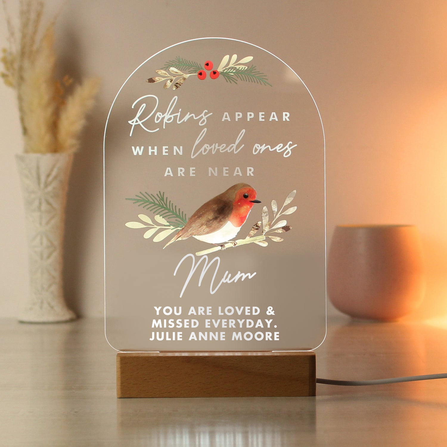 Personalised Robins Appear Wooden Based LED Light - gift & personalise