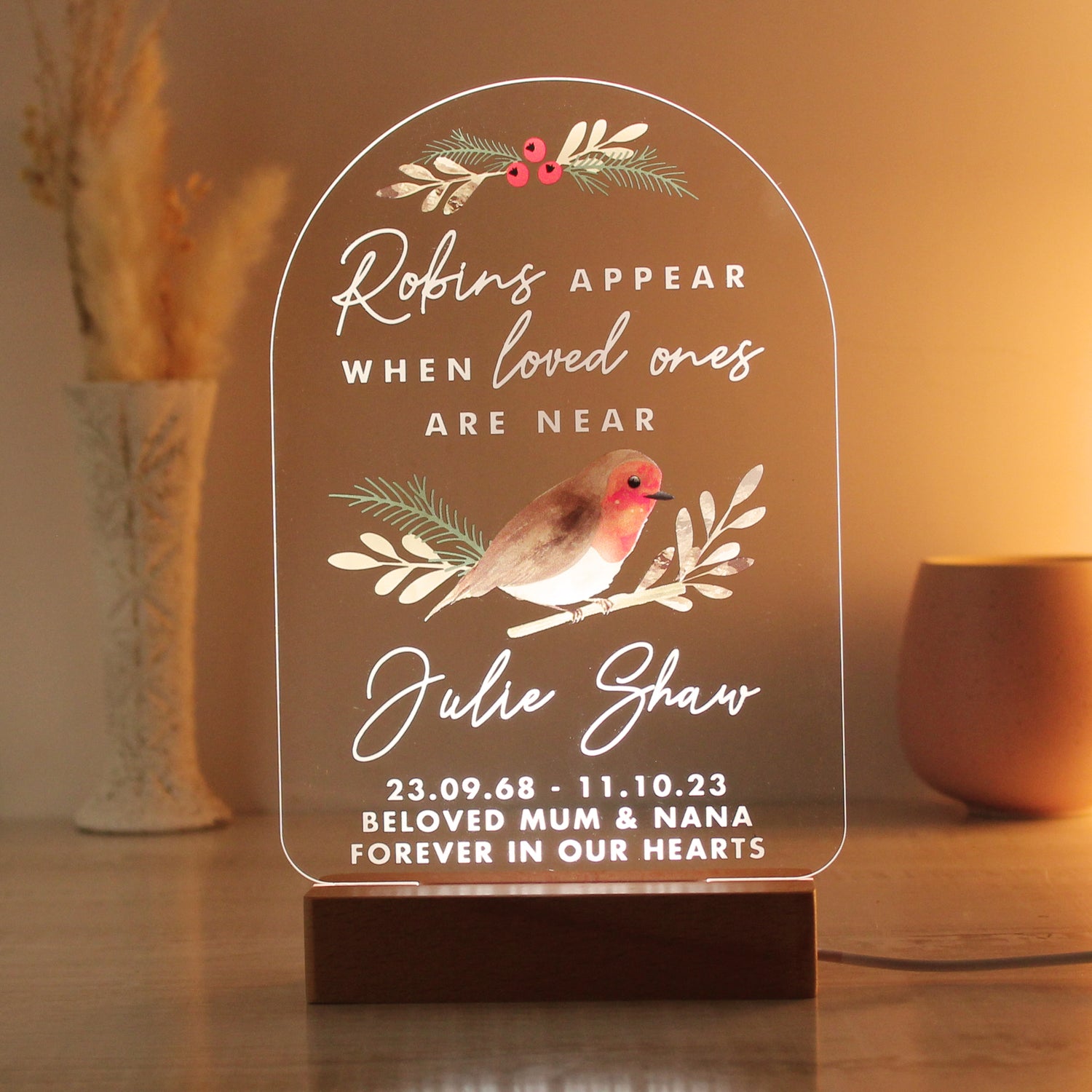 Personalised Robins Appear Wooden Based LED Light - gift & personalise