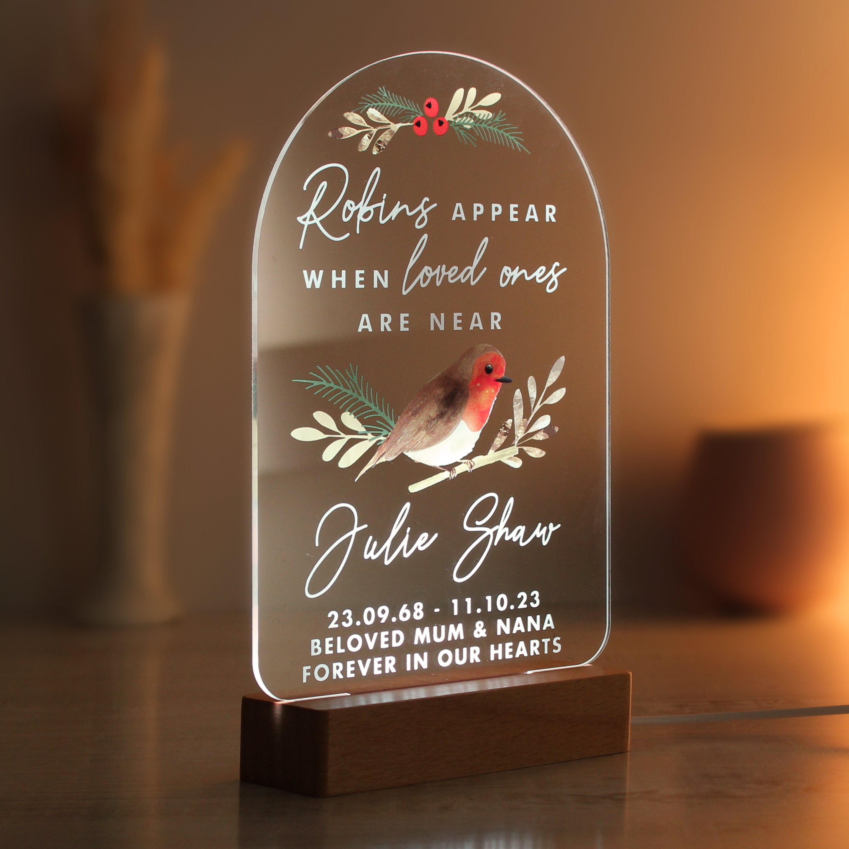 Personalised Robins Appear Wooden Based LED Light - gift & personalise