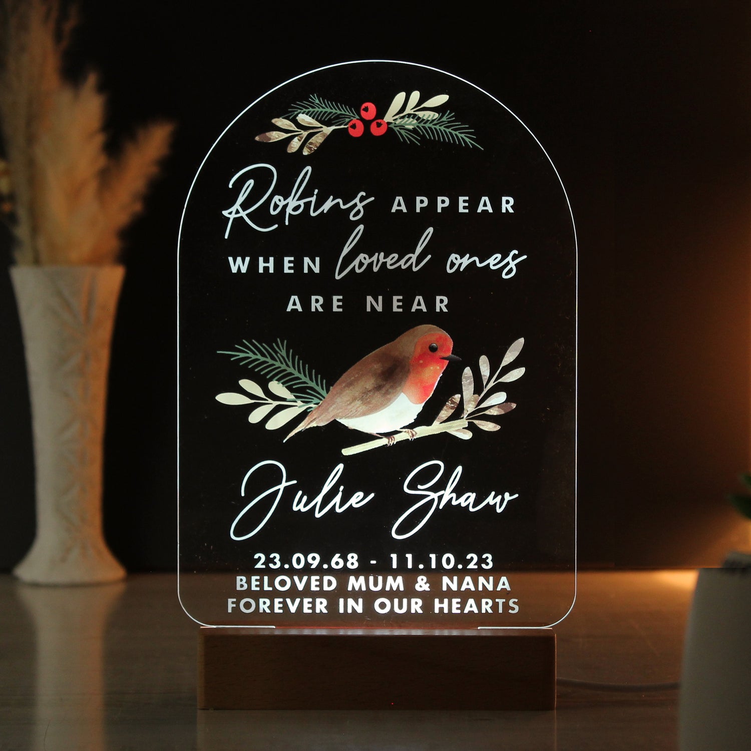 Personalised Robins Appear Wooden Based LED Light - gift & personalise