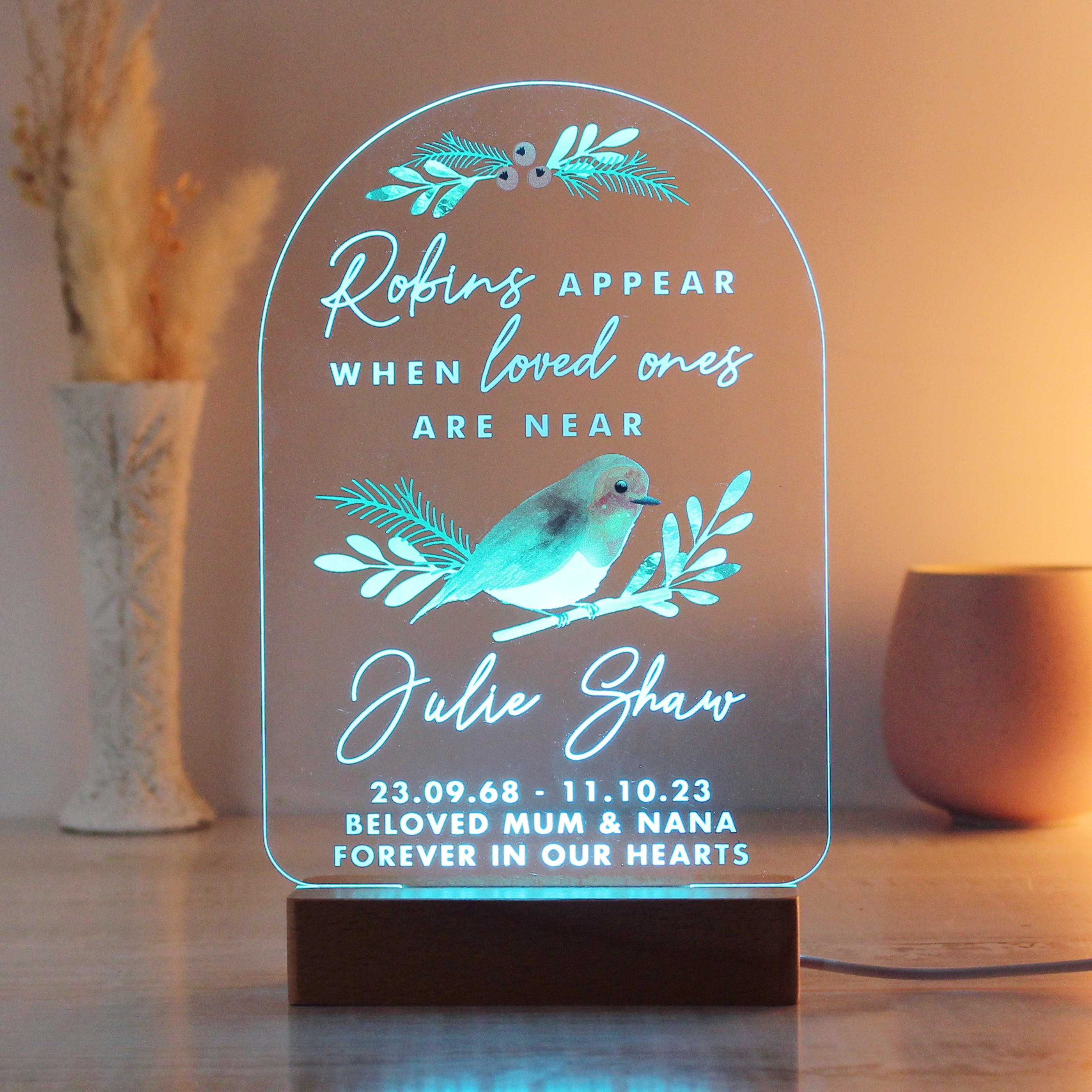 Personalised Robins Appear Wooden Based LED Light - gift & personalise