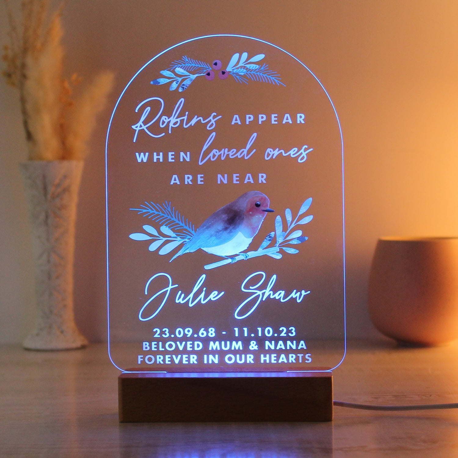 Personalised Robins Appear Wooden Based LED Light - gift & personalise