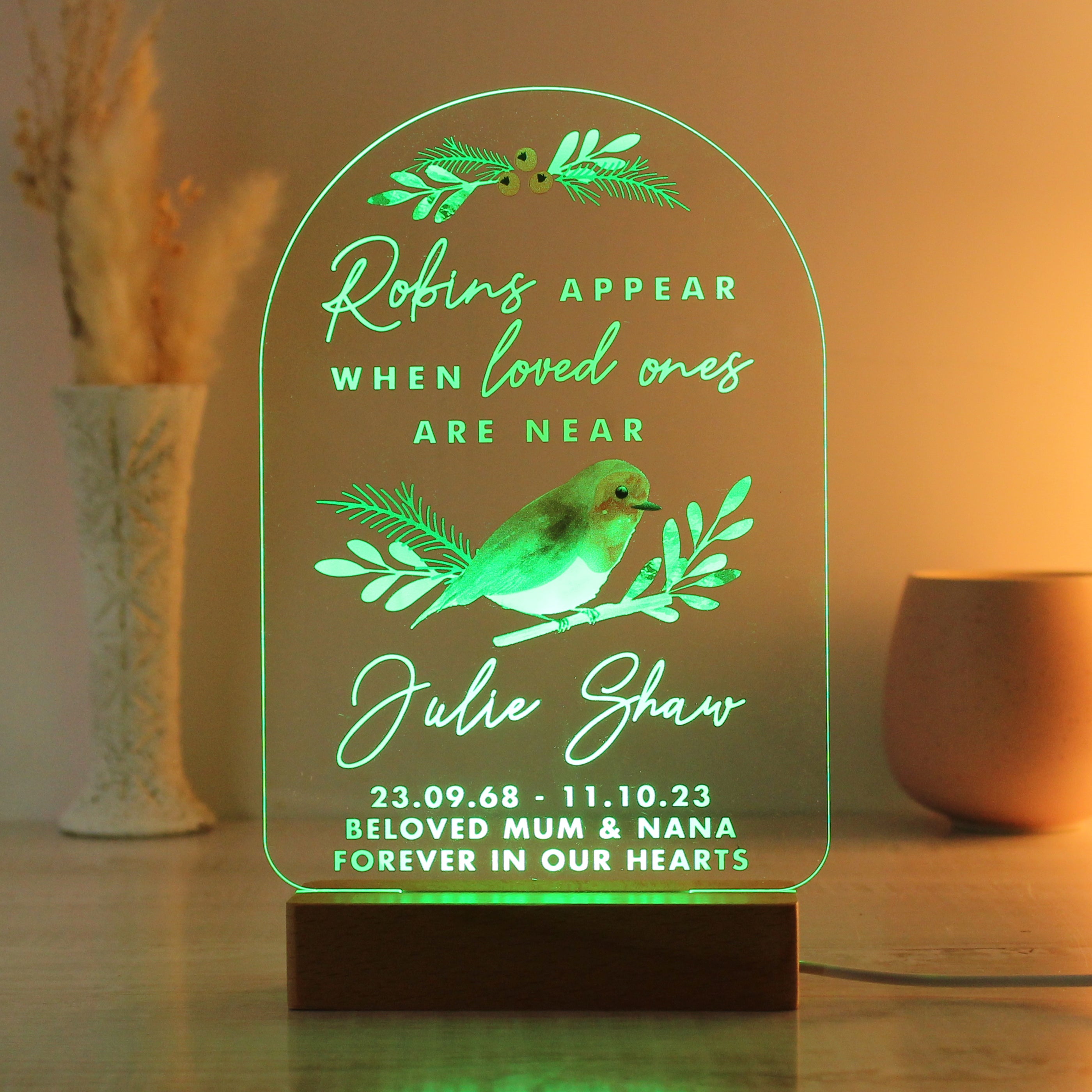 Personalised Robins Appear Wooden Based LED Light - gift & personalise