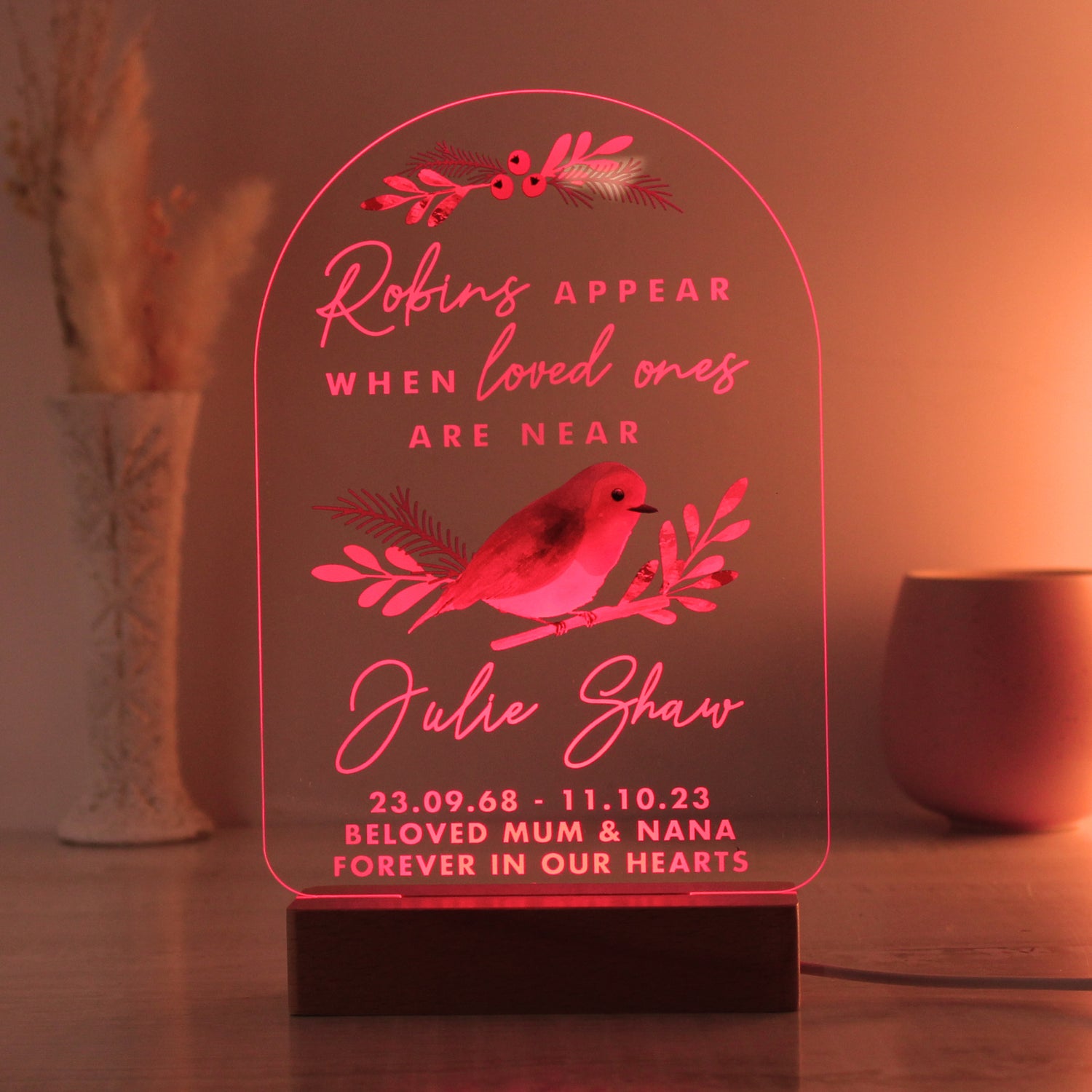 Personalised Robins Appear Wooden Based LED Light - gift & personalise