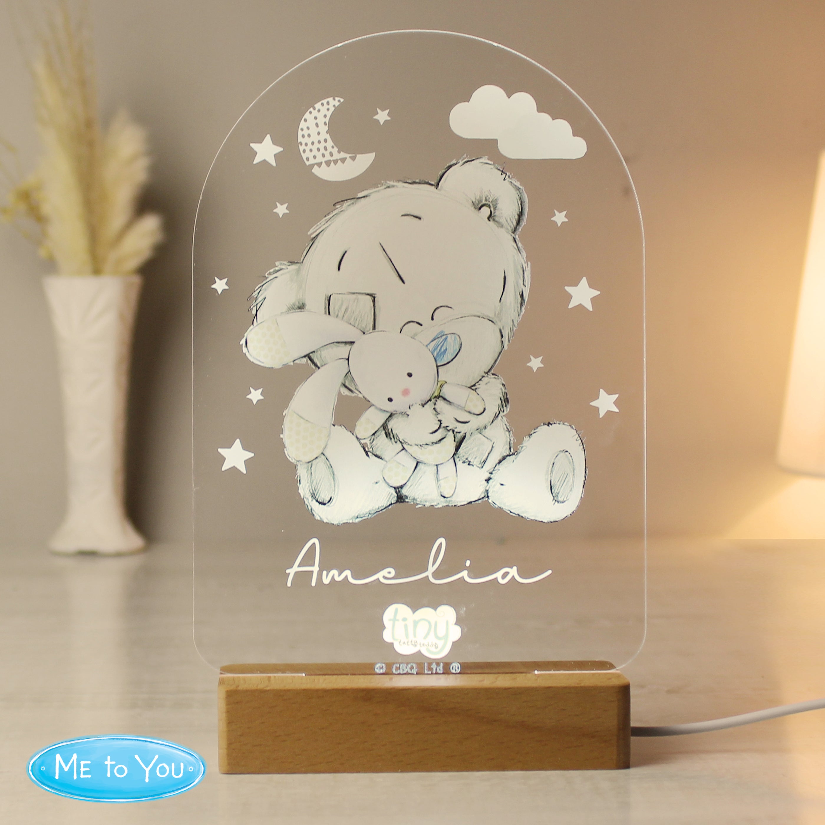 Personalised Tiny Tatty Teddy Wooden Based LED Light - gift & personalise