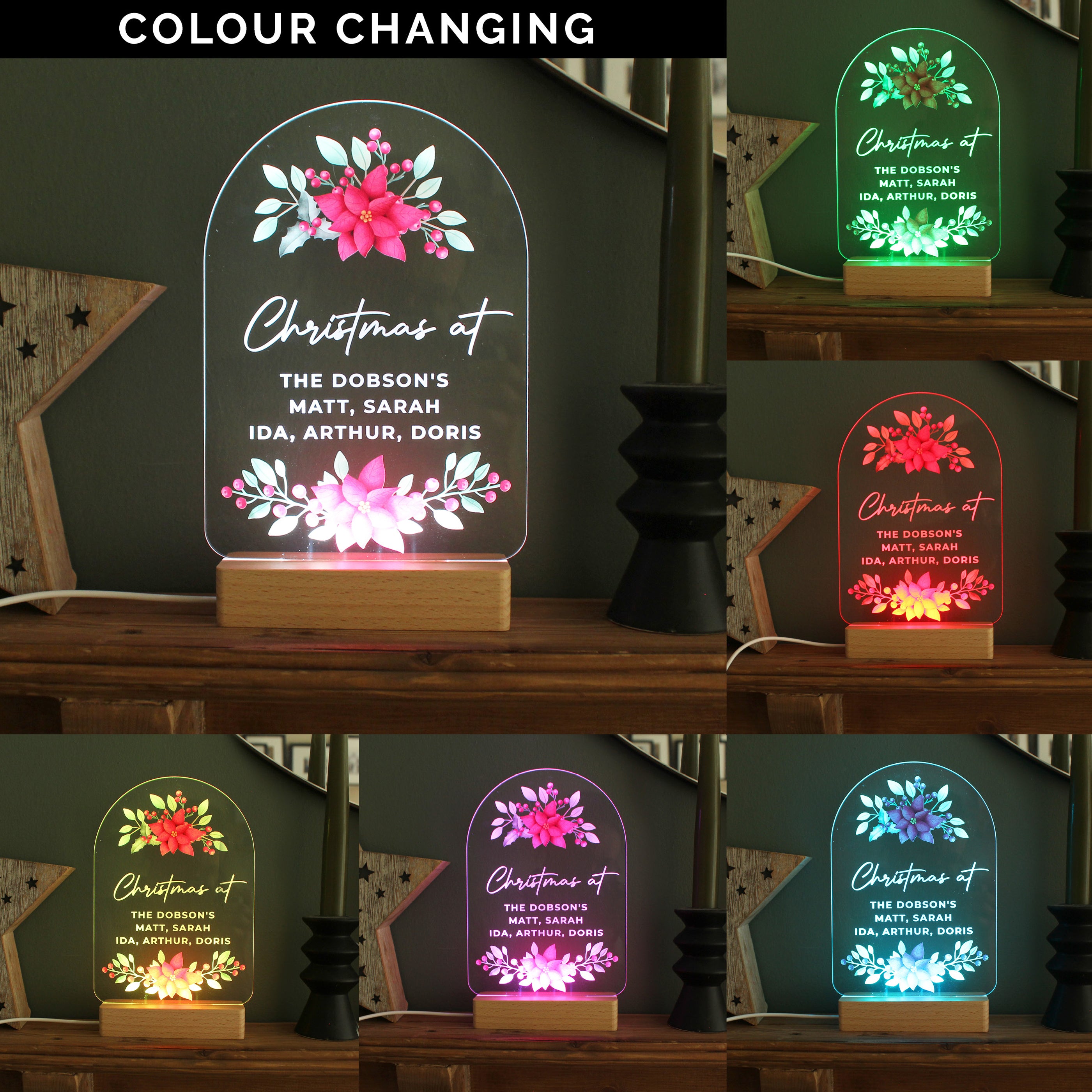 Personalised Christmas Poinsettia Wooden Based LED Light - gift & personalise