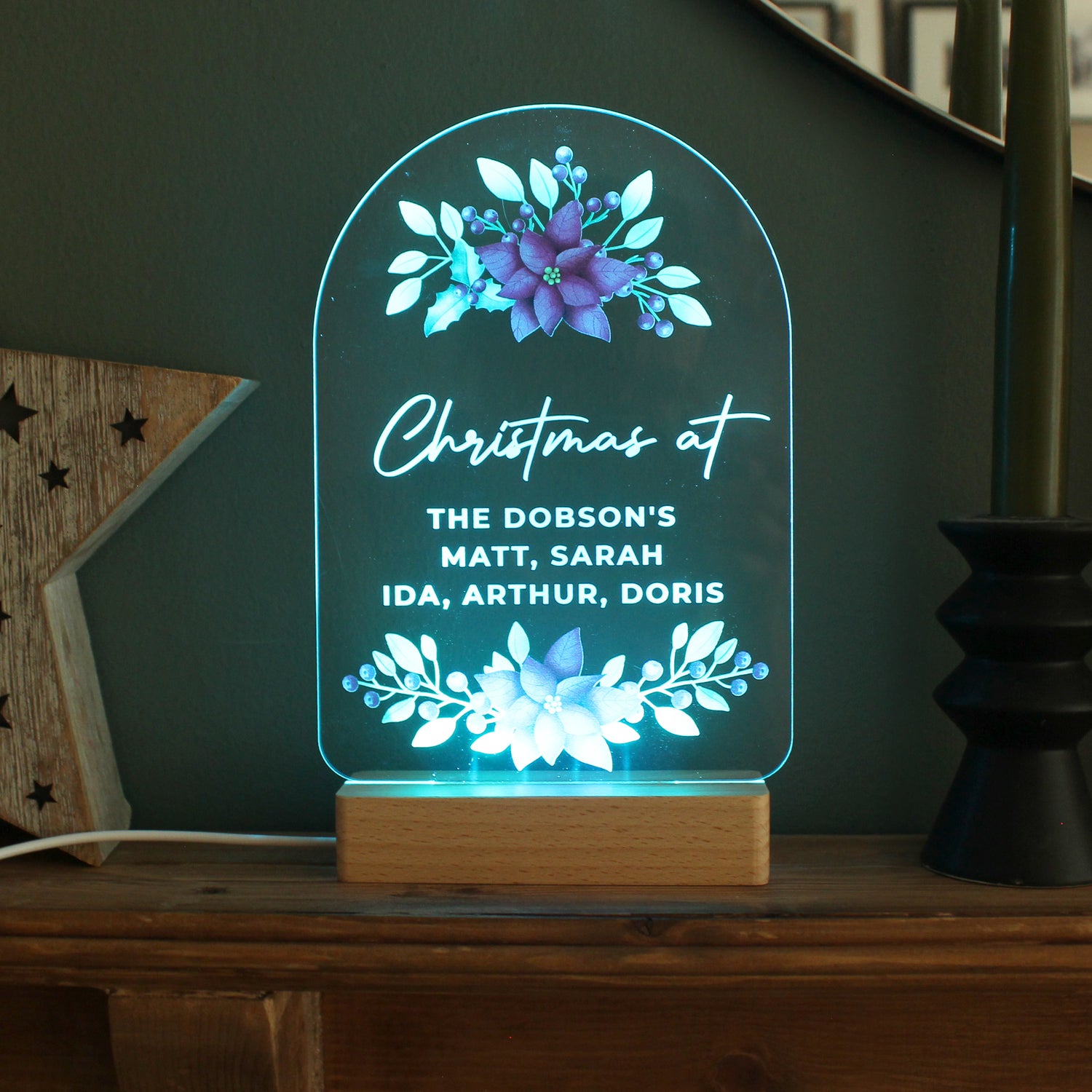 Personalised Christmas Poinsettia Wooden Based LED Light - gift & personalise